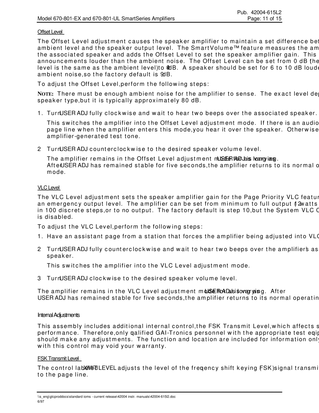 Hubbell 670-801-UL, 670-801-EX manual InternalAdjustments 