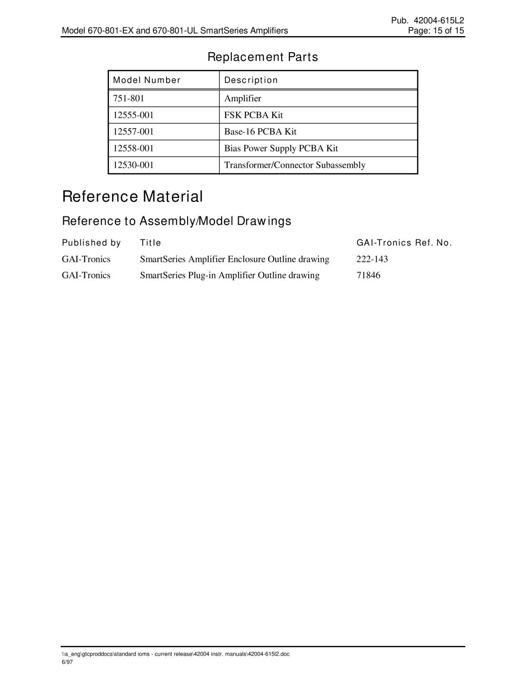 Hubbell 670-801-UL, 670-801-EX manual Reference Material, Replacement Parts, Reference to Assembly/Model Drawings 