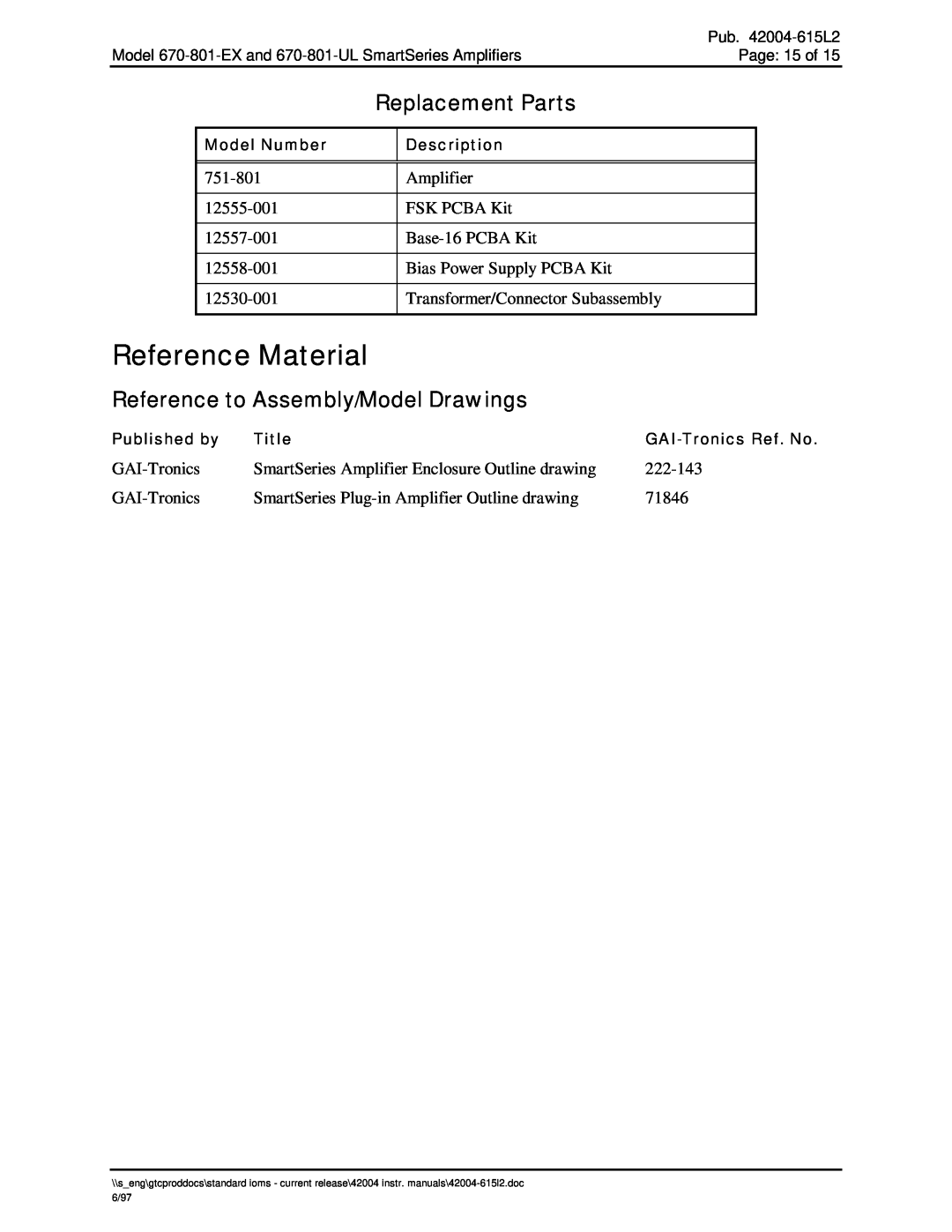 Hubbell 670-801-UL, 670-801-EX manual Reference Material, Replacement Parts, Reference to Assembly/Model Drawings 