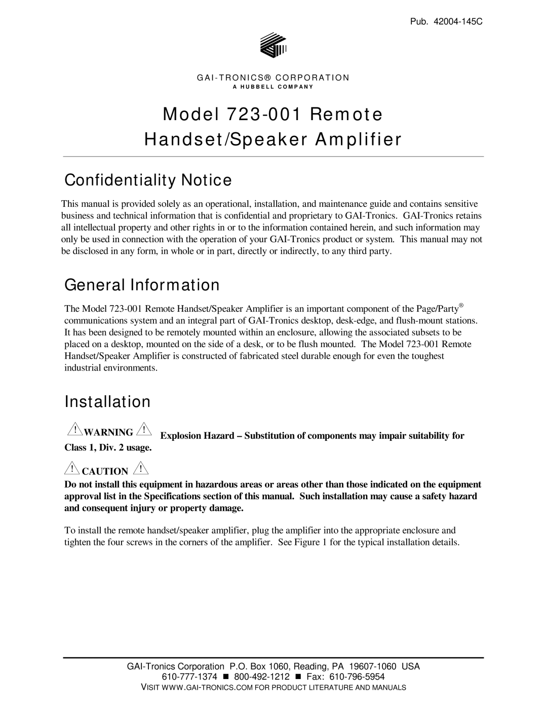 Hubbell 723-001 specifications Confidentiality Notice, General Information, Installation 