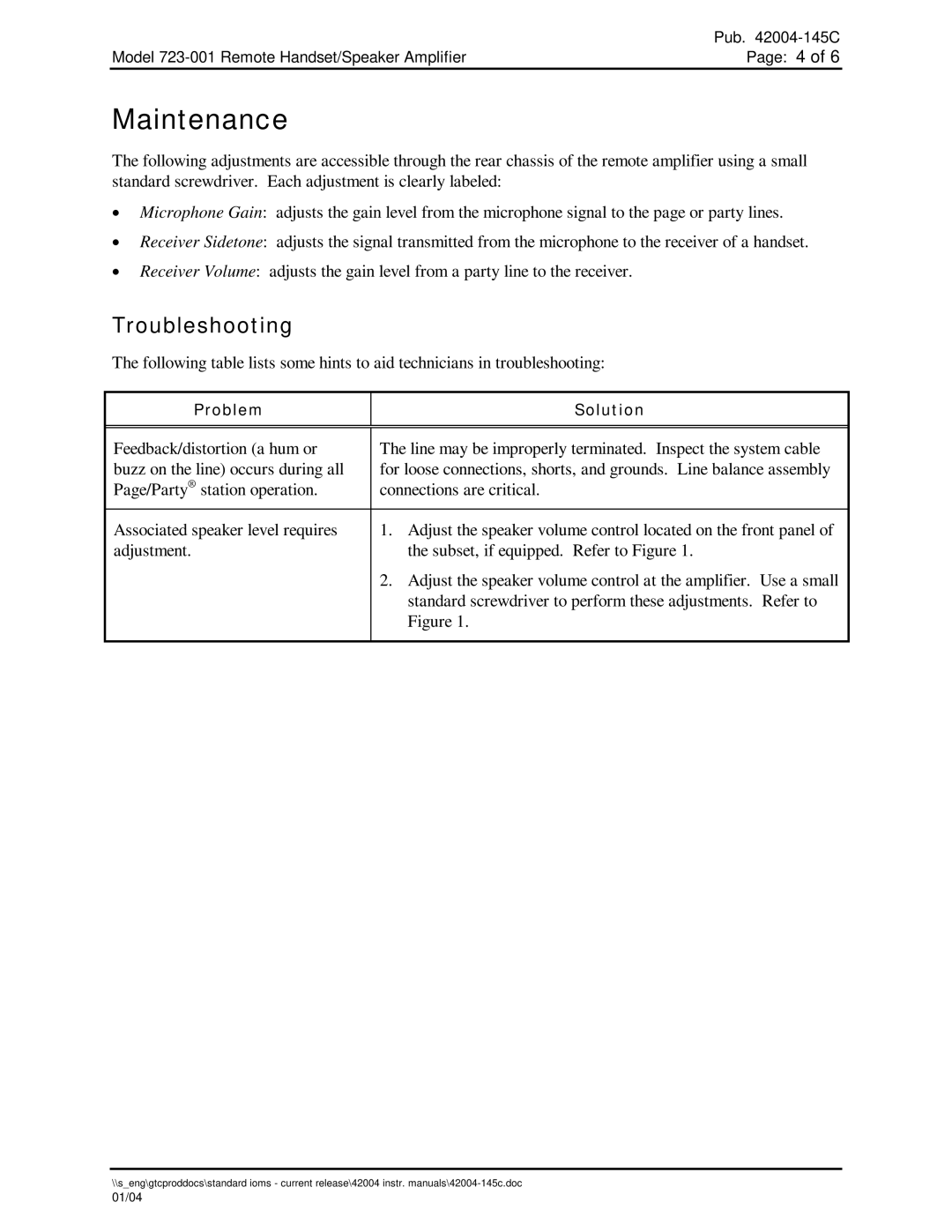 Hubbell 723-001 specifications Maintenance, Troubleshooting 