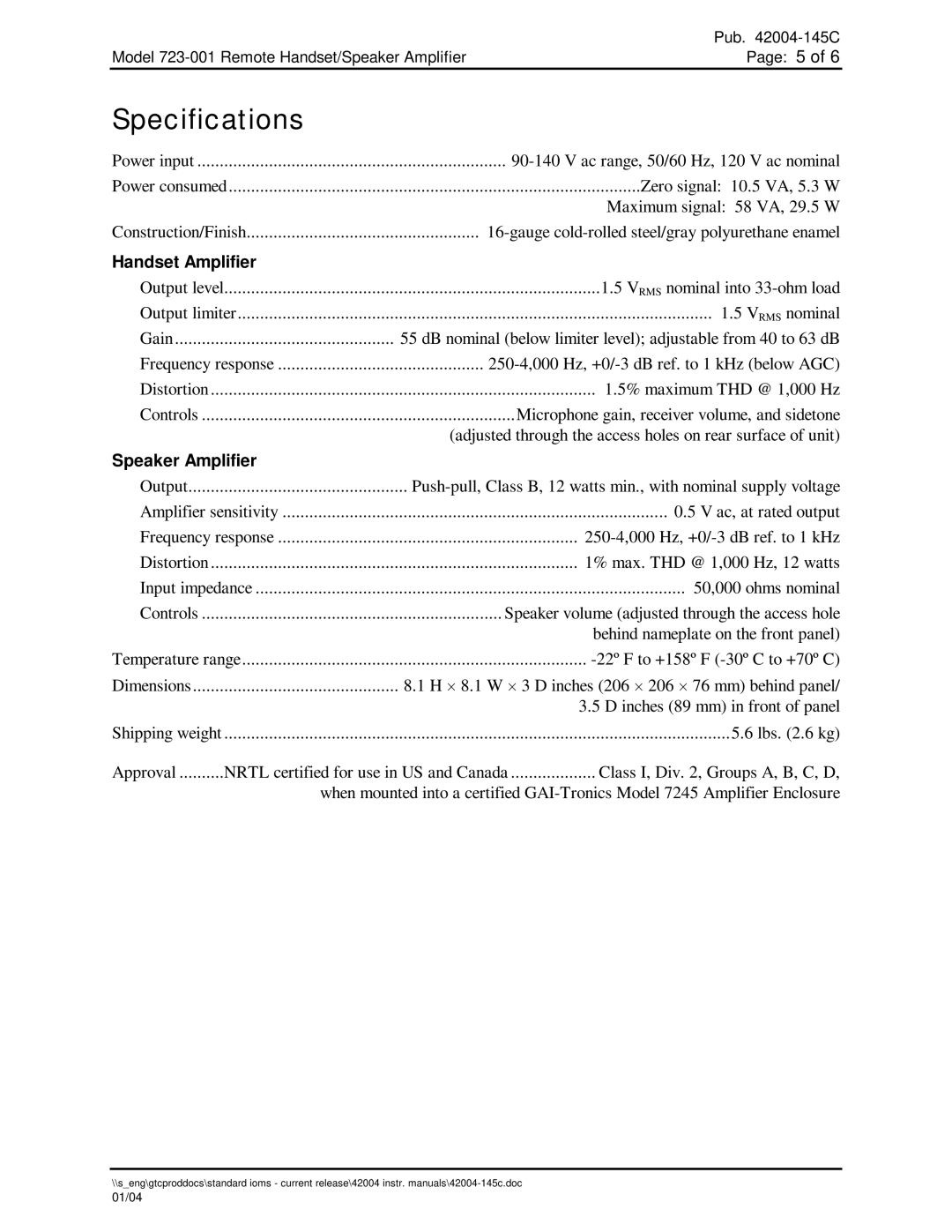 Hubbell 723-001 specifications Specifications, Handset Amplifier 