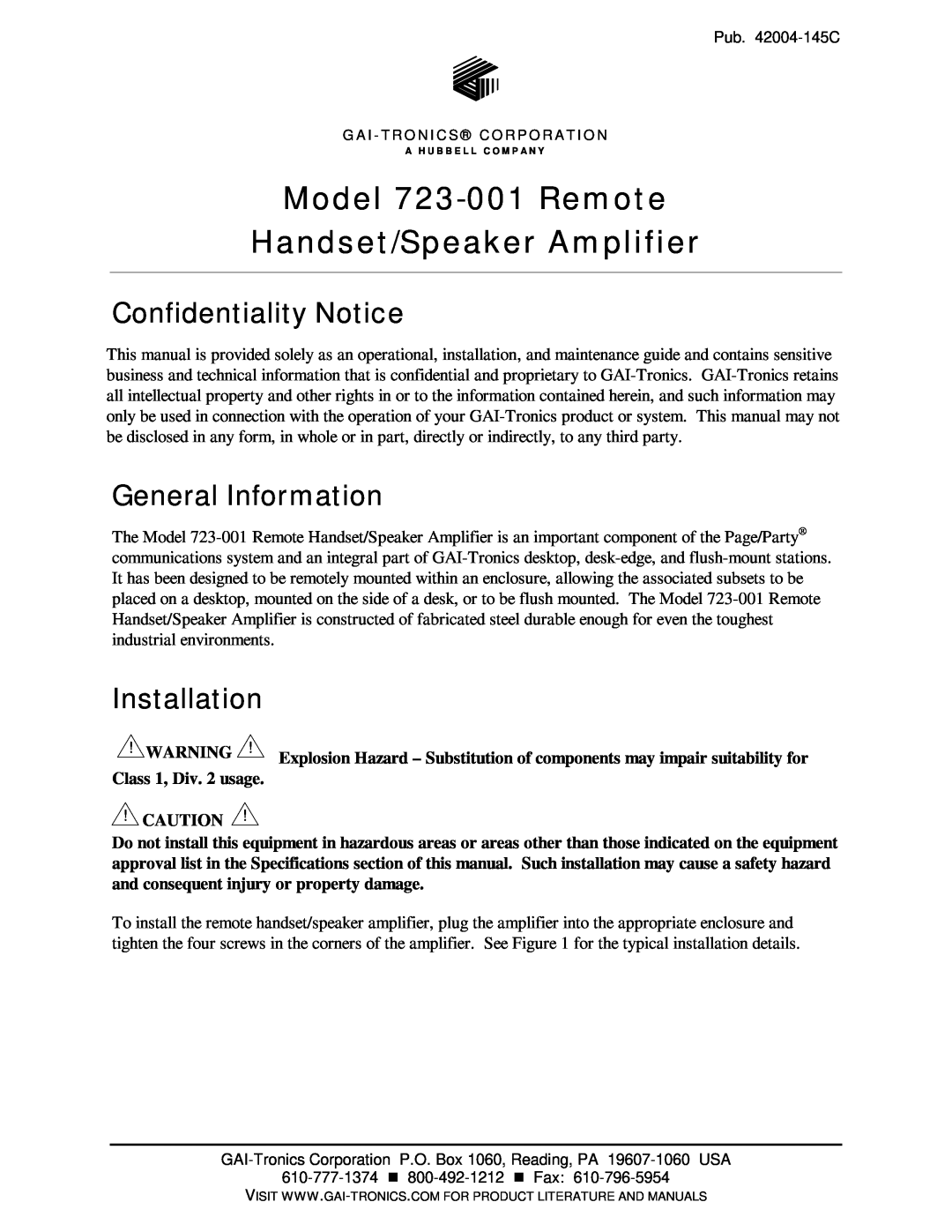 Hubbell 723-001 specifications Confidentiality Notice, General Information, Installation, Class 1, Div. 2 usage 