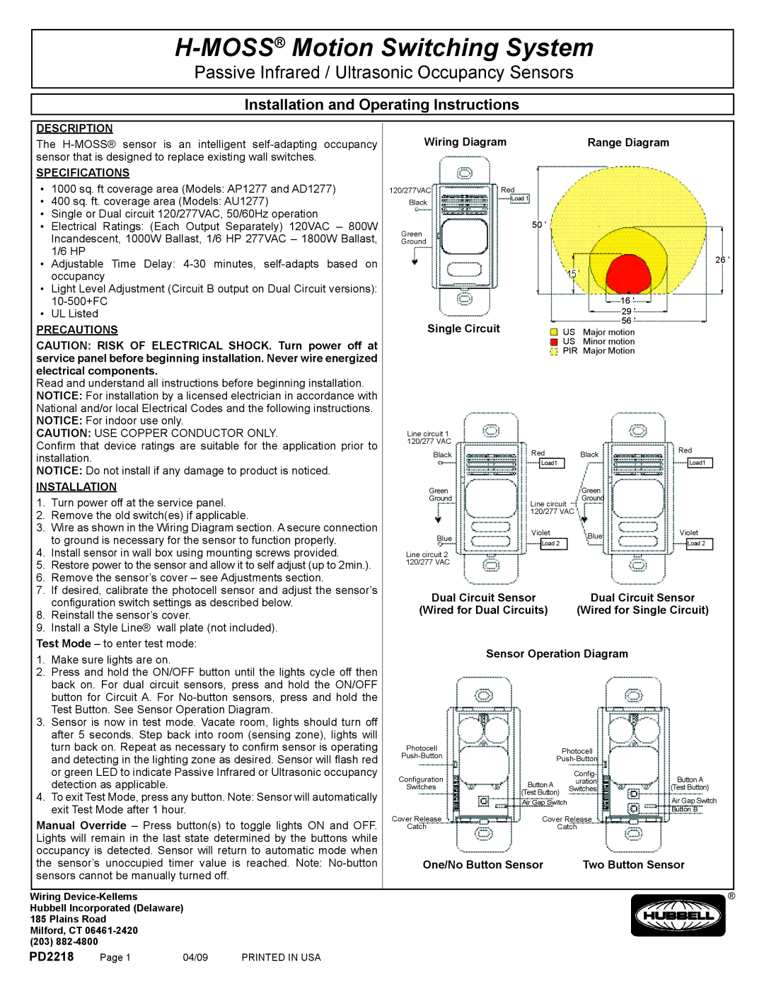 Hubbell CLT2054, CLT1554 manual Description, Specifications, Precautions, Installation 