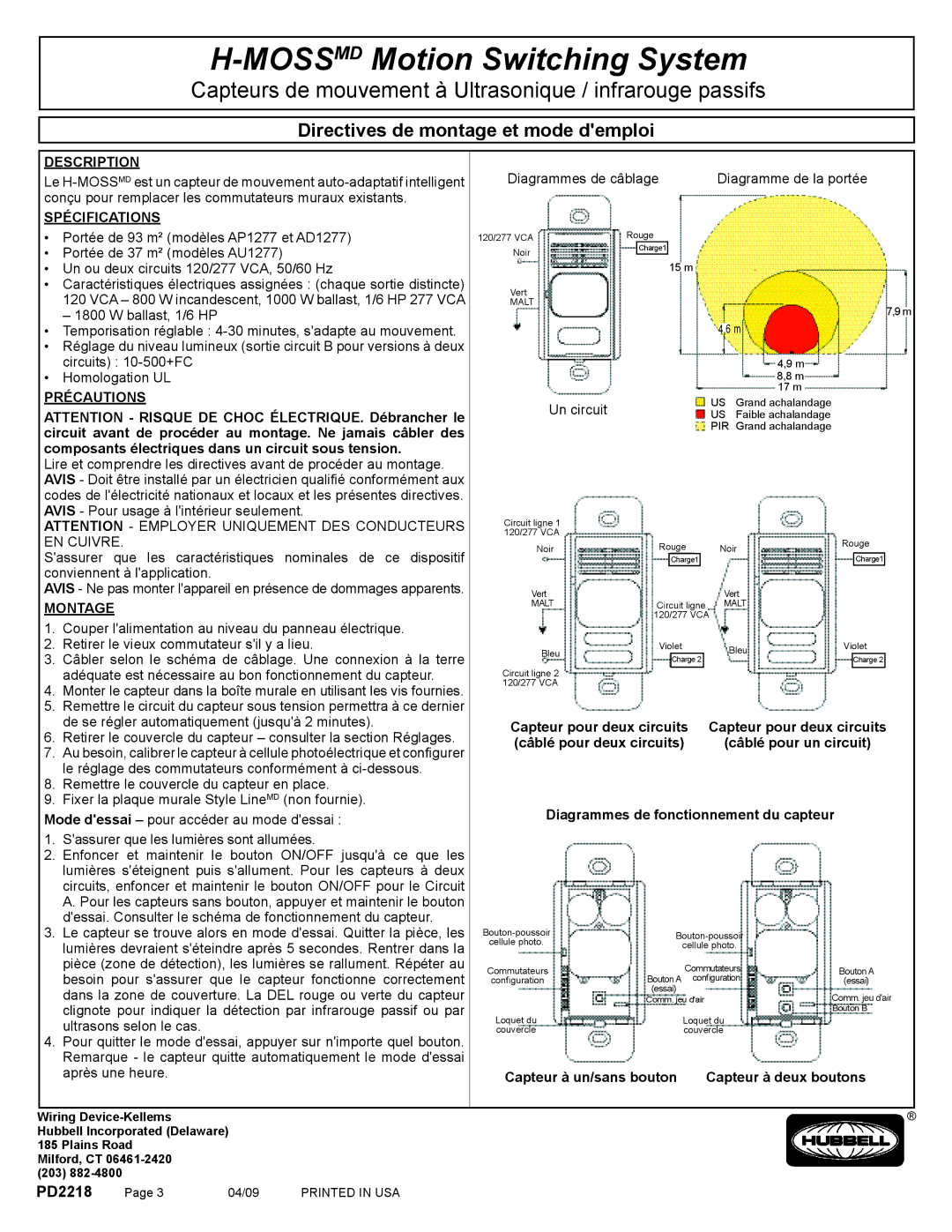 Hubbell CLT2054, CLT1554 manual Spécifications, Précautions, Montage, Capteur à un/sans bouton Capteur à deux boutons 