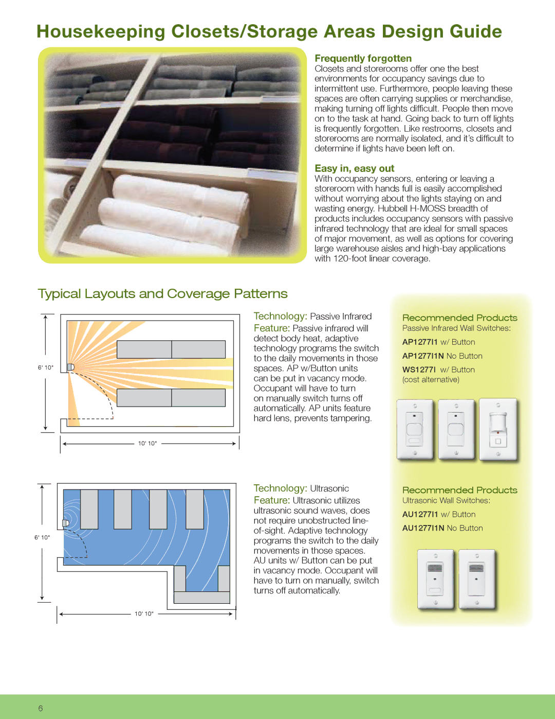 Hubbell CLT2054, CLT1554 manual Housekeeping Closets/Storage Areas Design Guide, Frequently forgotten, Easy in, easy out 