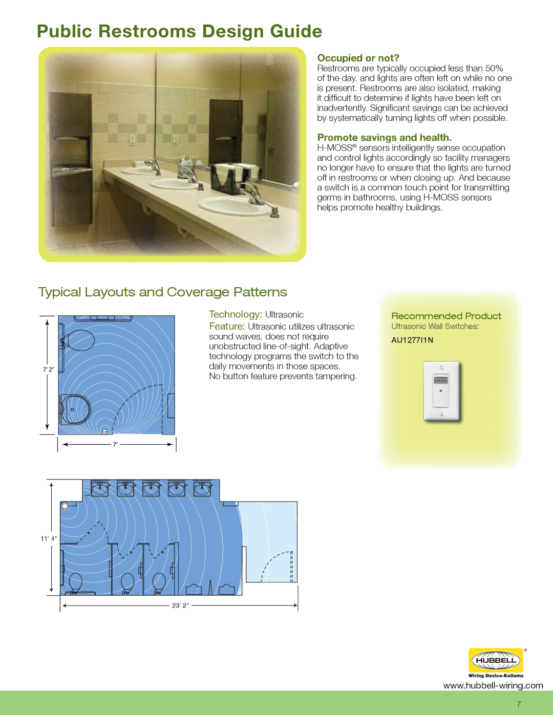 Hubbell CLT1554, CLT2054 manual Public Restrooms Design Guide, Occupied or not?, Promote savings and health 