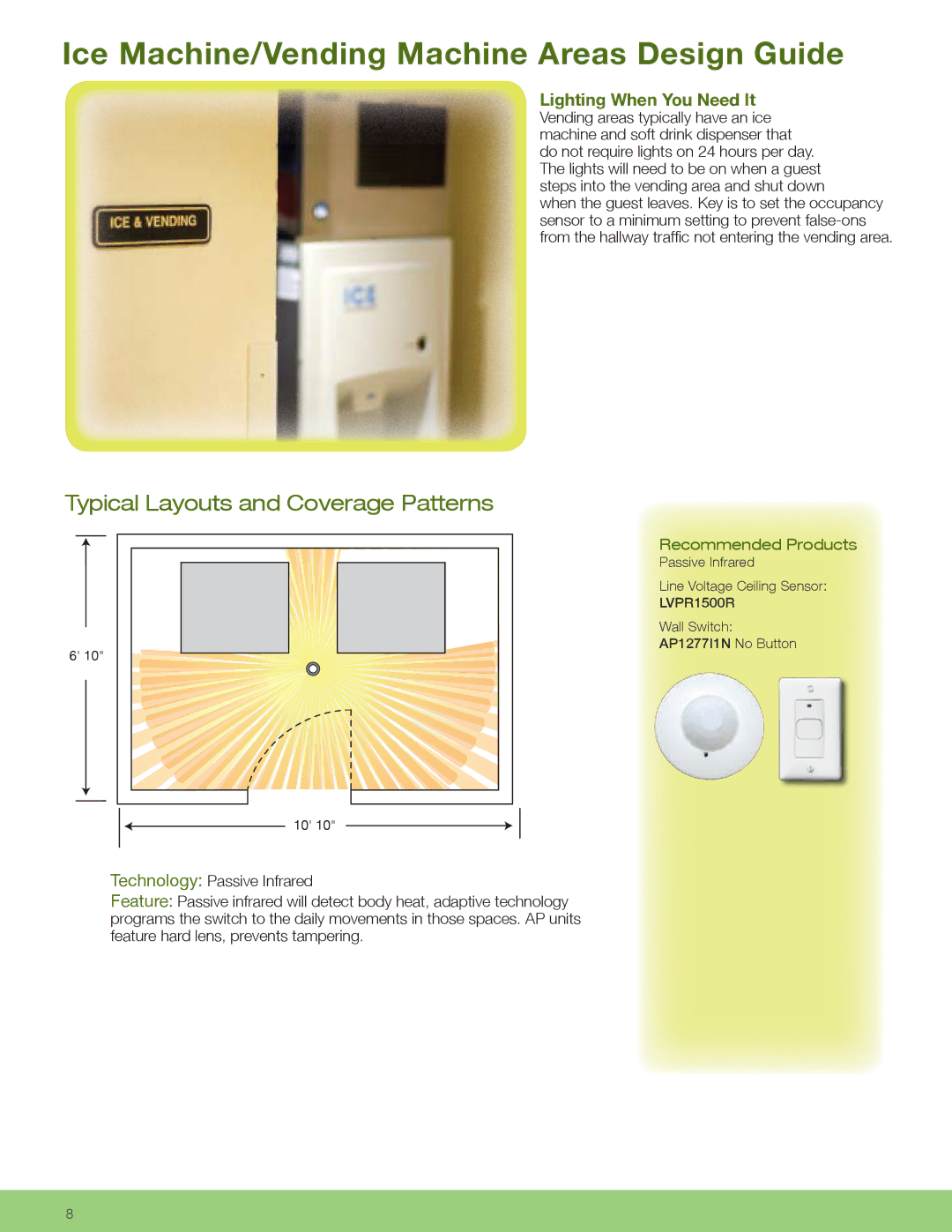 Hubbell CLT2054, CLT1554 manual Ice Machine/Vending Machine Areas Design Guide, Lighting When You Need It 