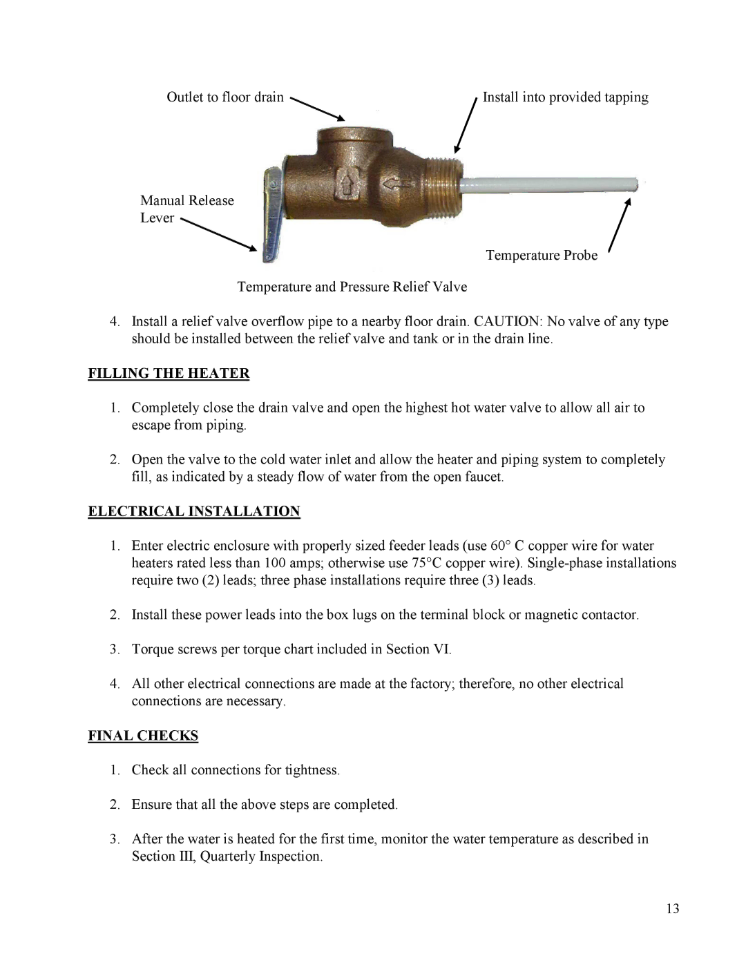 Hubbell CR manual Filling the Heater, Electrical Installation, Final Checks 