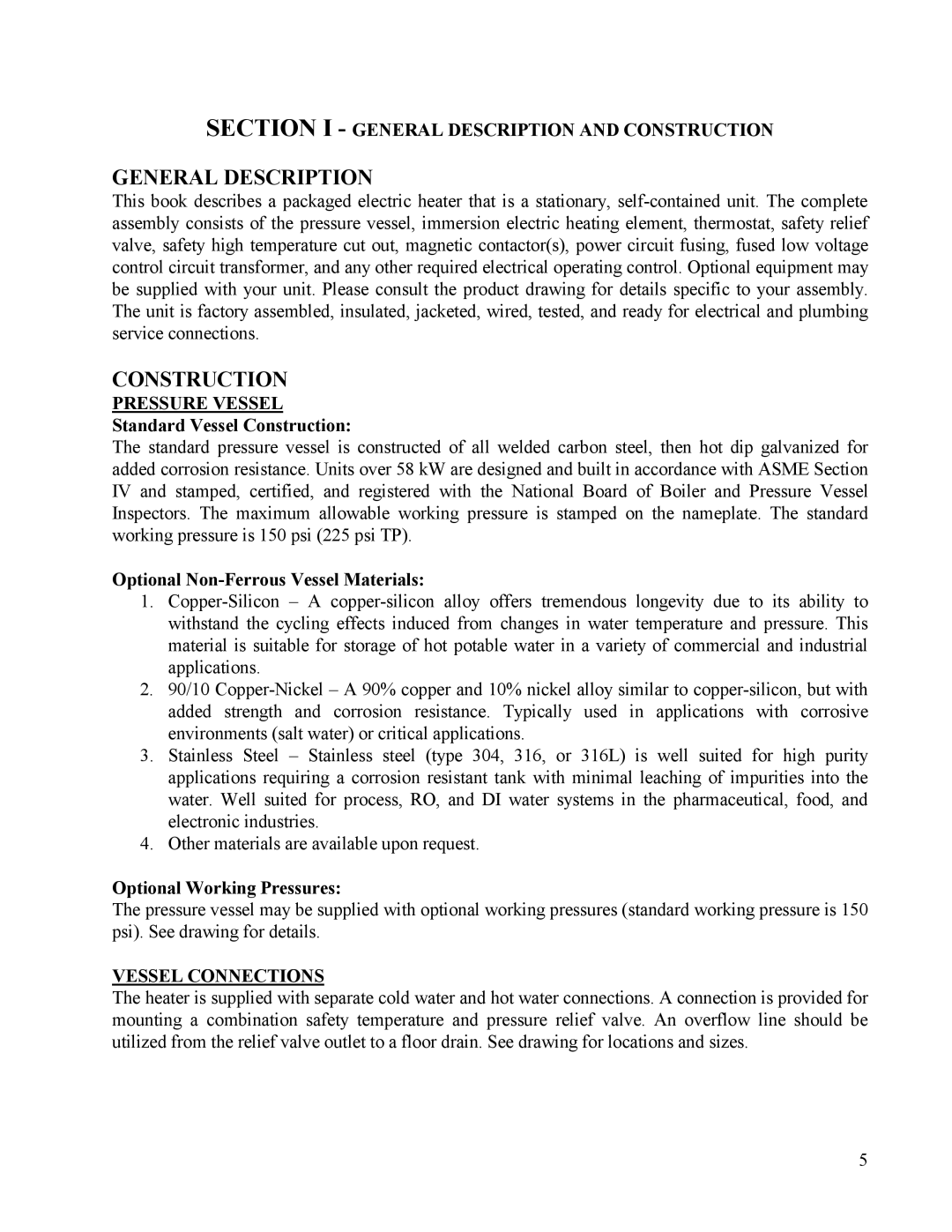 Hubbell CR manual Section I General Description and Construction, Pressure Vessel, Vessel Connections 