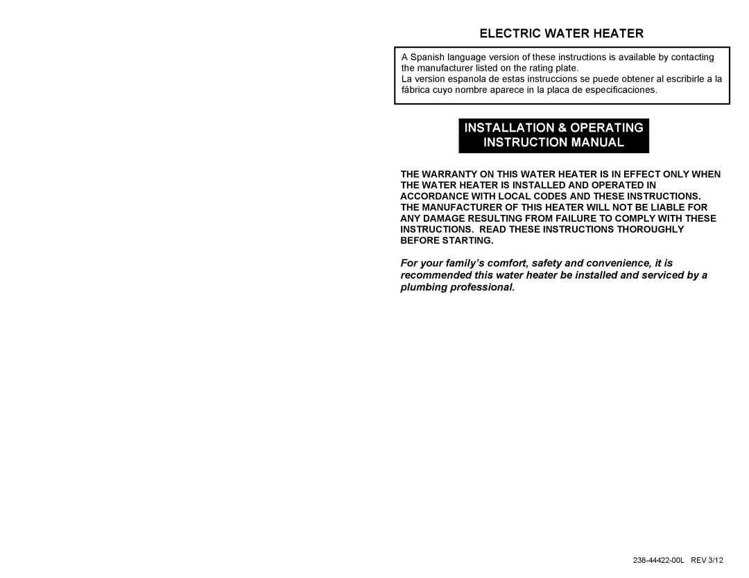 Hubbell Electric Heater Company Electric Water Heater, 238-44422-00L instruction manual Installation & Operating 