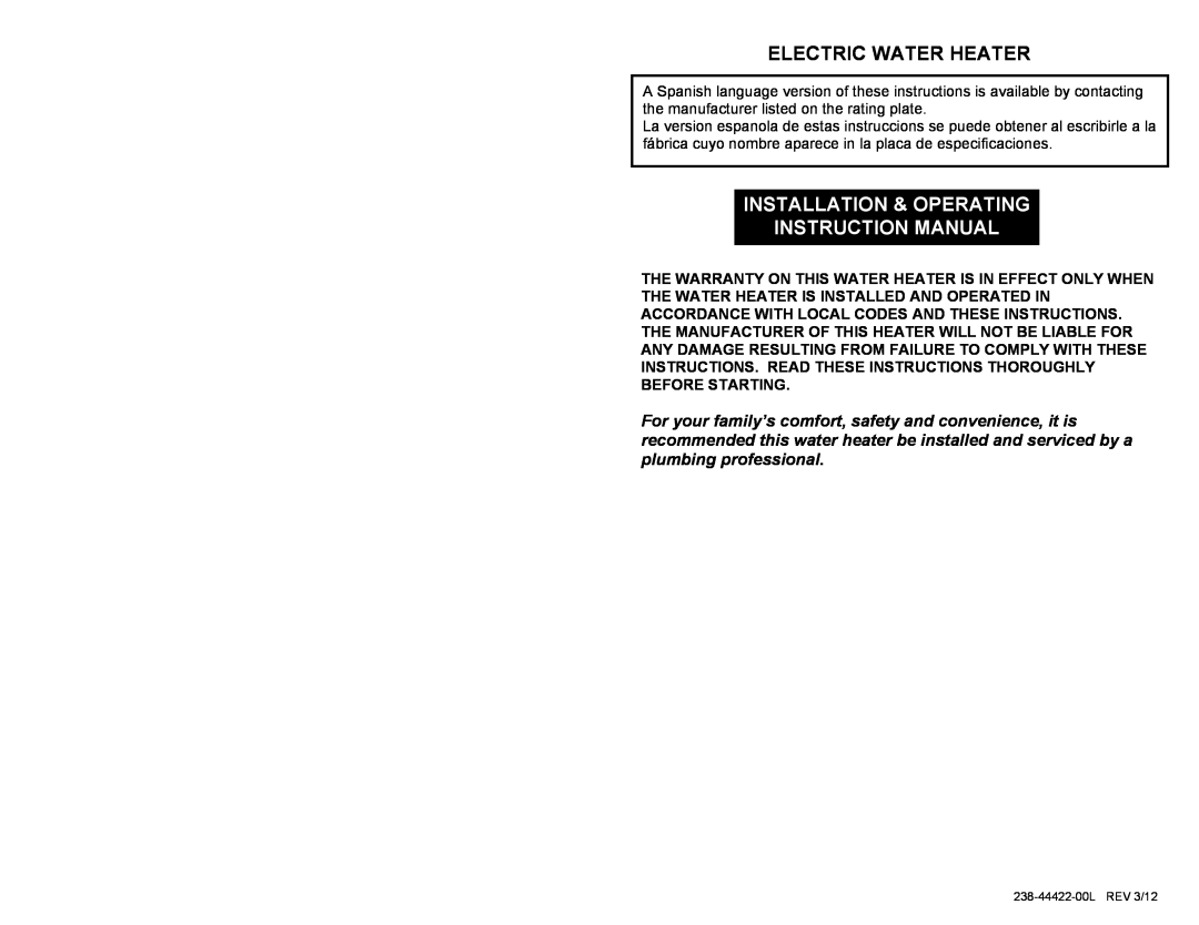 Hubbell Electric Heater Company Electric Water Heater, 238-44422-00L instruction manual 
