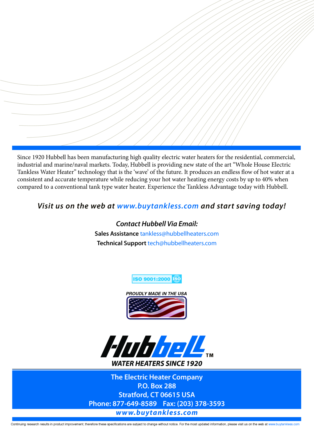 Hubbell Electric Heater Company 280-3 27 kW manual Contact Hubbell Via Email, Water Heaters Since, Phone 877-649-8589 Fax 