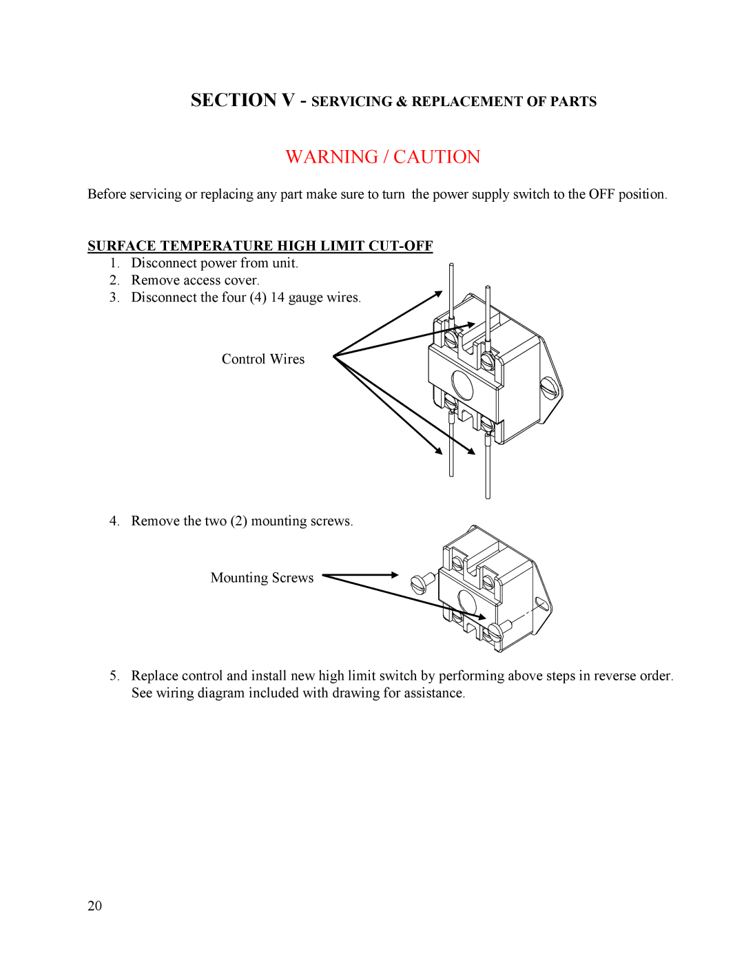 Hubbell Electric Heater Company A manual Section V Servicing & Replacement of Parts, Surface Temperature High Limit CUT-OFF 