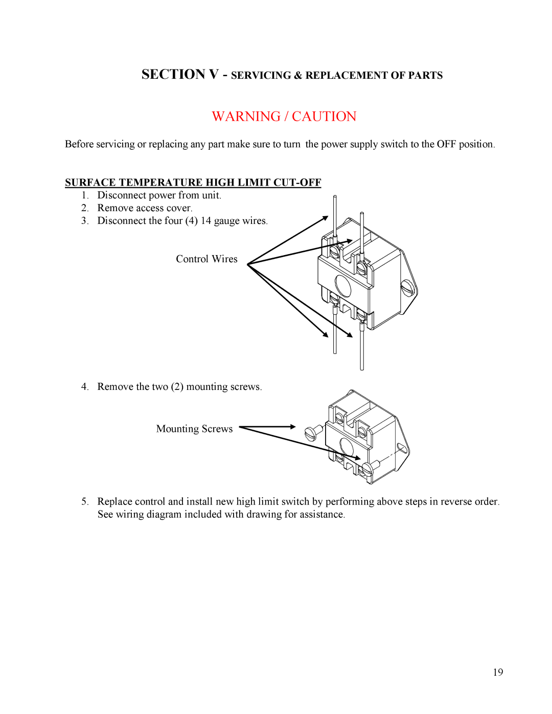 Hubbell Electric Heater Company B manual Section V Servicing & Replacement of Parts, Surface Temperature High Limit CUT-OFF 