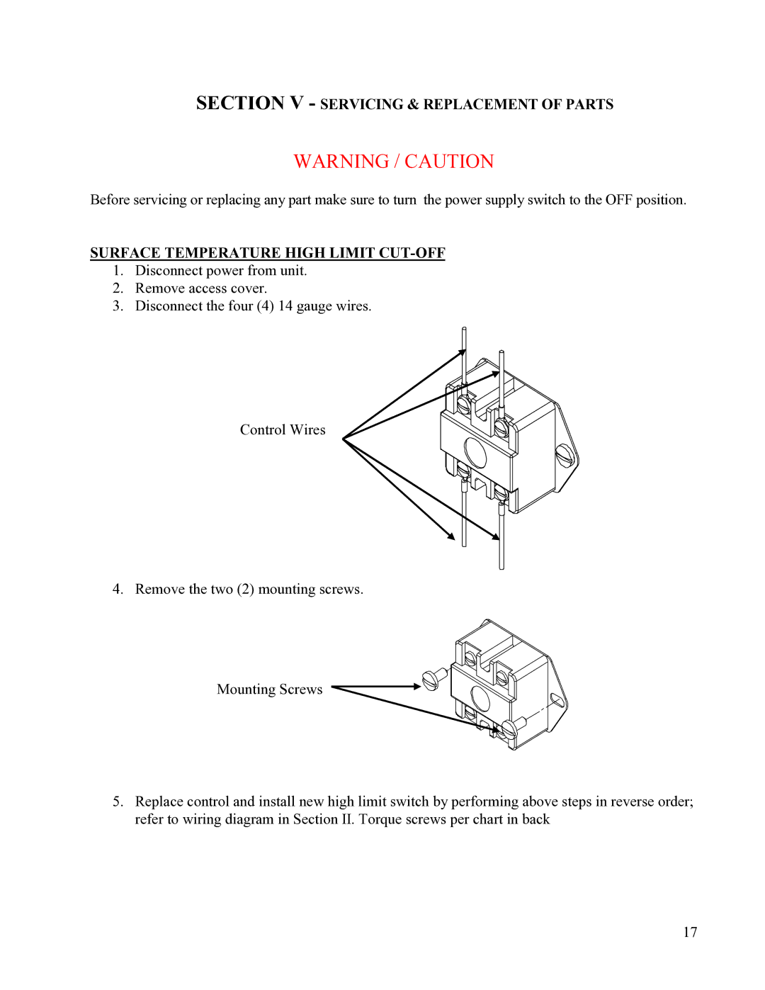 Hubbell Electric Heater Company CE110 Section V Servicing & Replacement of Parts, Surface Temperature High Limit CUT-OFF 