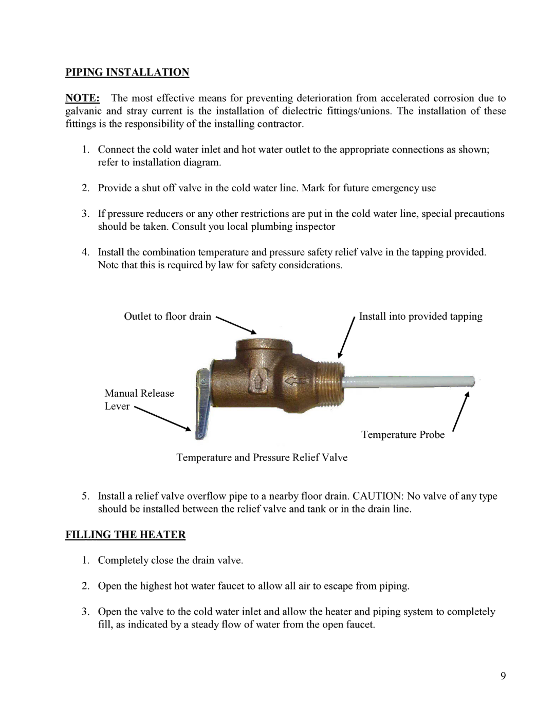 Hubbell Electric Heater Company CE110 manual Piping Installation, Filling the Heater 