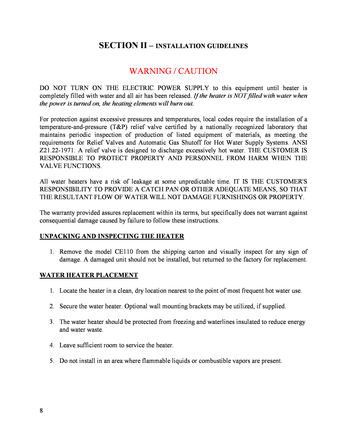 Hubbell Electric Heater Company CE110 Warning / Caution, Section Ii - Installation Guidelines, Water Heater Placement 