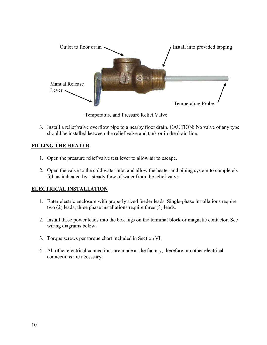 Hubbell Electric Heater Company D manual Filling the Heater, Electrical Installation 