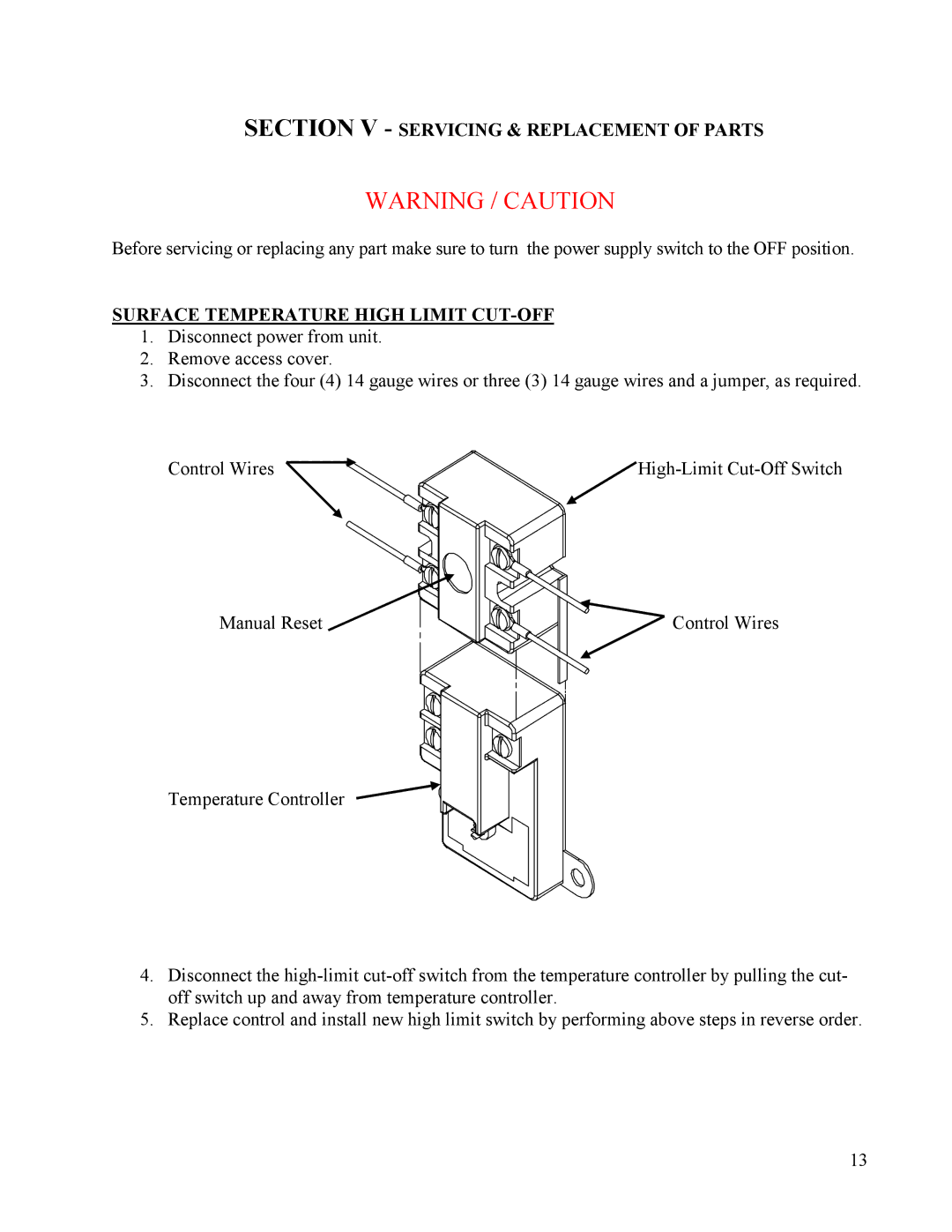 Hubbell Electric Heater Company E manual Section V Servicing & Replacement of Parts, Surface Temperature High Limit CUT-OFF 