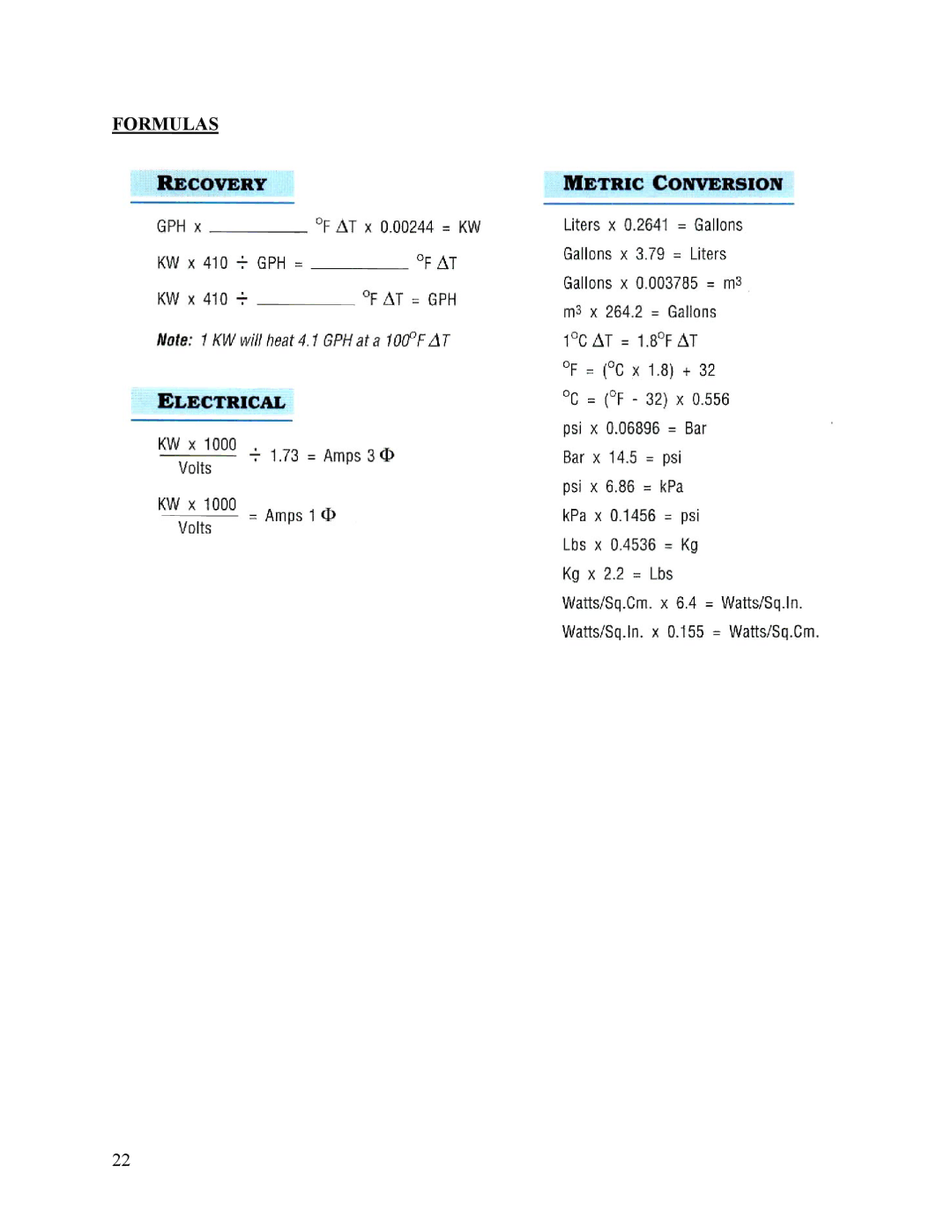 Hubbell Electric Heater Company E manual Formulas 