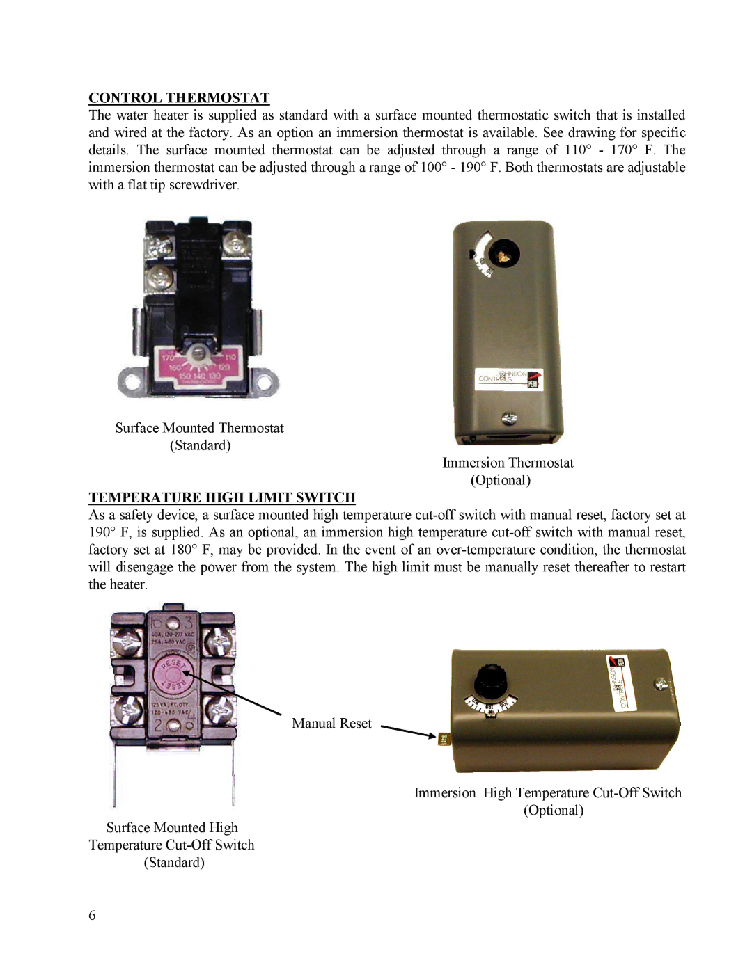 Hubbell Electric Heater Company E manual Control Thermostat, Temperature High Limit Switch 