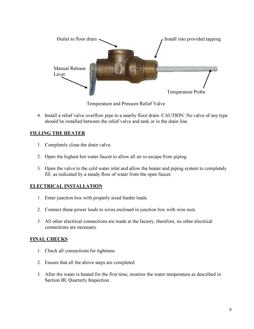 Hubbell Electric Heater Company manual Filling the Heater, Electrical Installation, Final Checks 