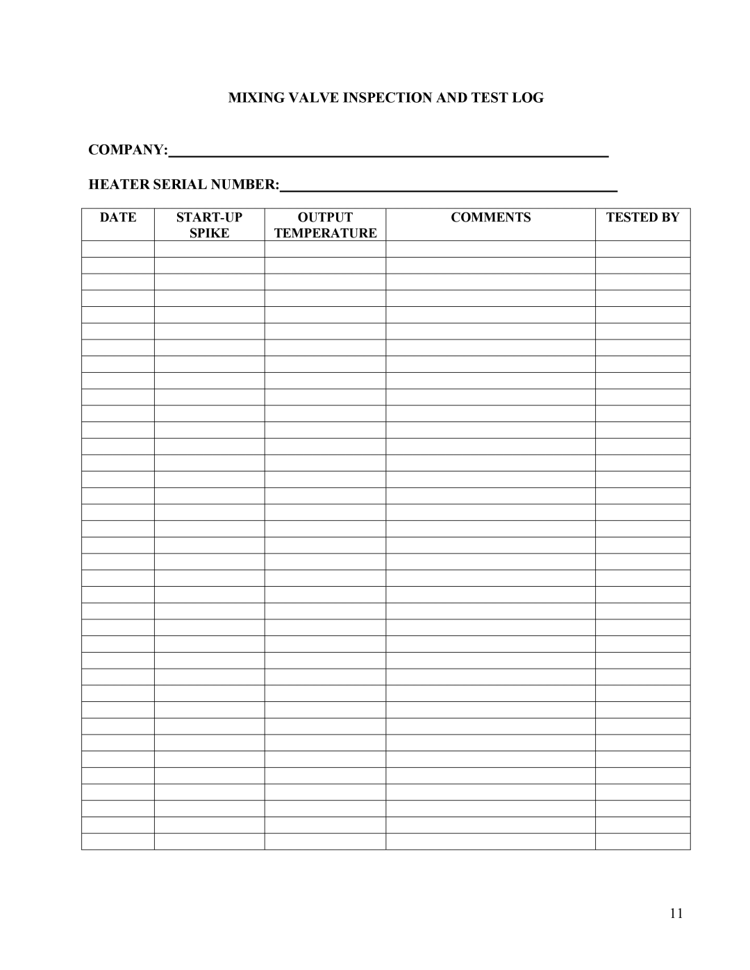 Hubbell Electric Heater Company EMV manual Date START-UP Spike Output Temperature Comments Tested by 