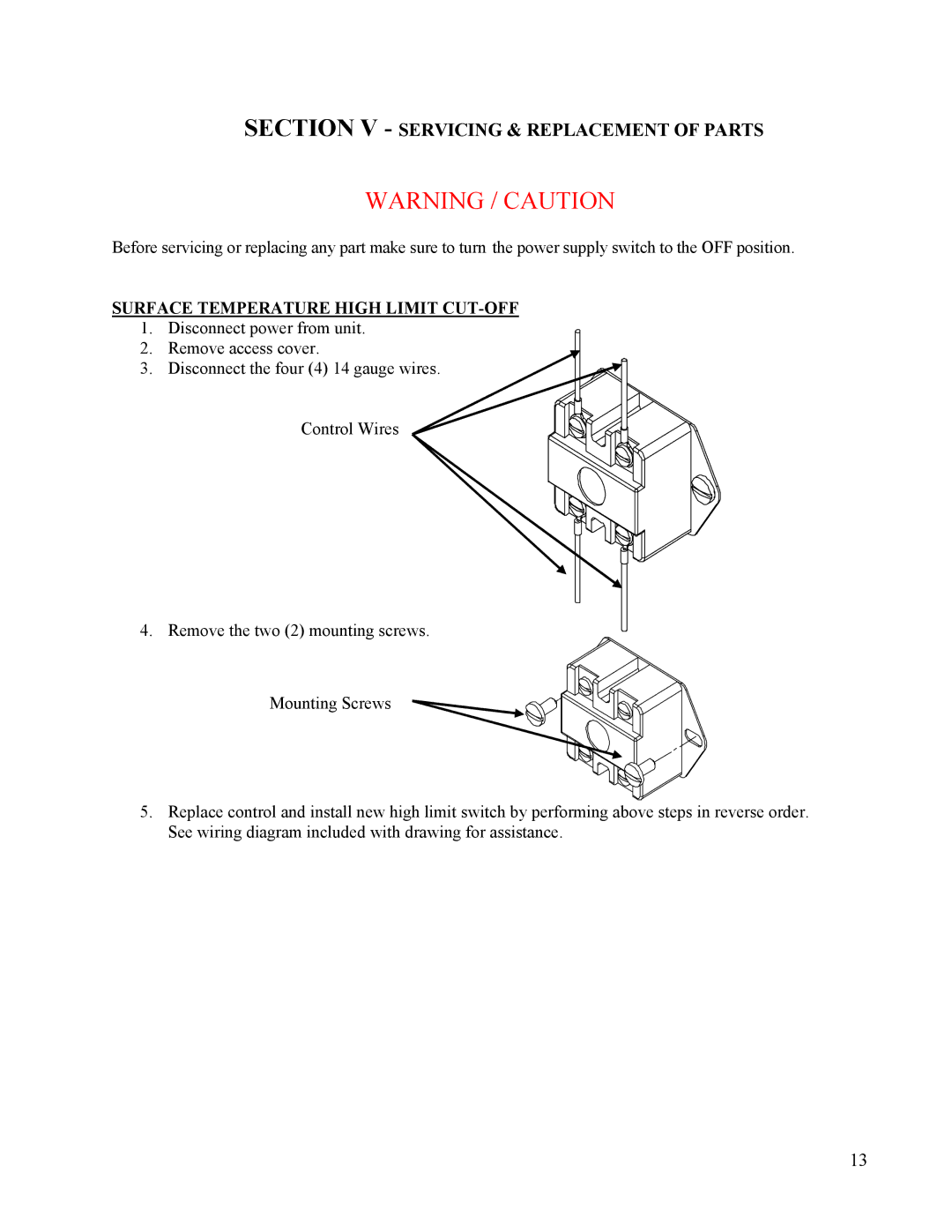 Hubbell Electric Heater Company EMV Section V Servicing & Replacement of Parts, Surface Temperature High Limit CUT-OFF 