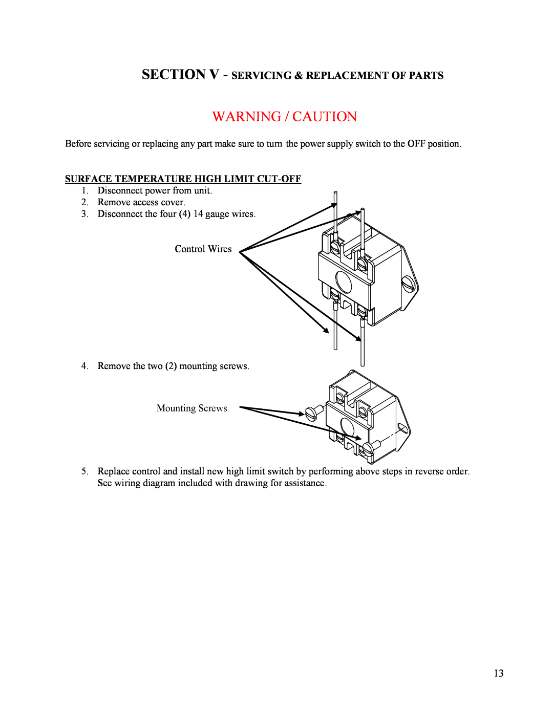 Hubbell Electric Heater Company EMV manual Section V - Servicing & Replacement Of Parts, Warning / Caution 