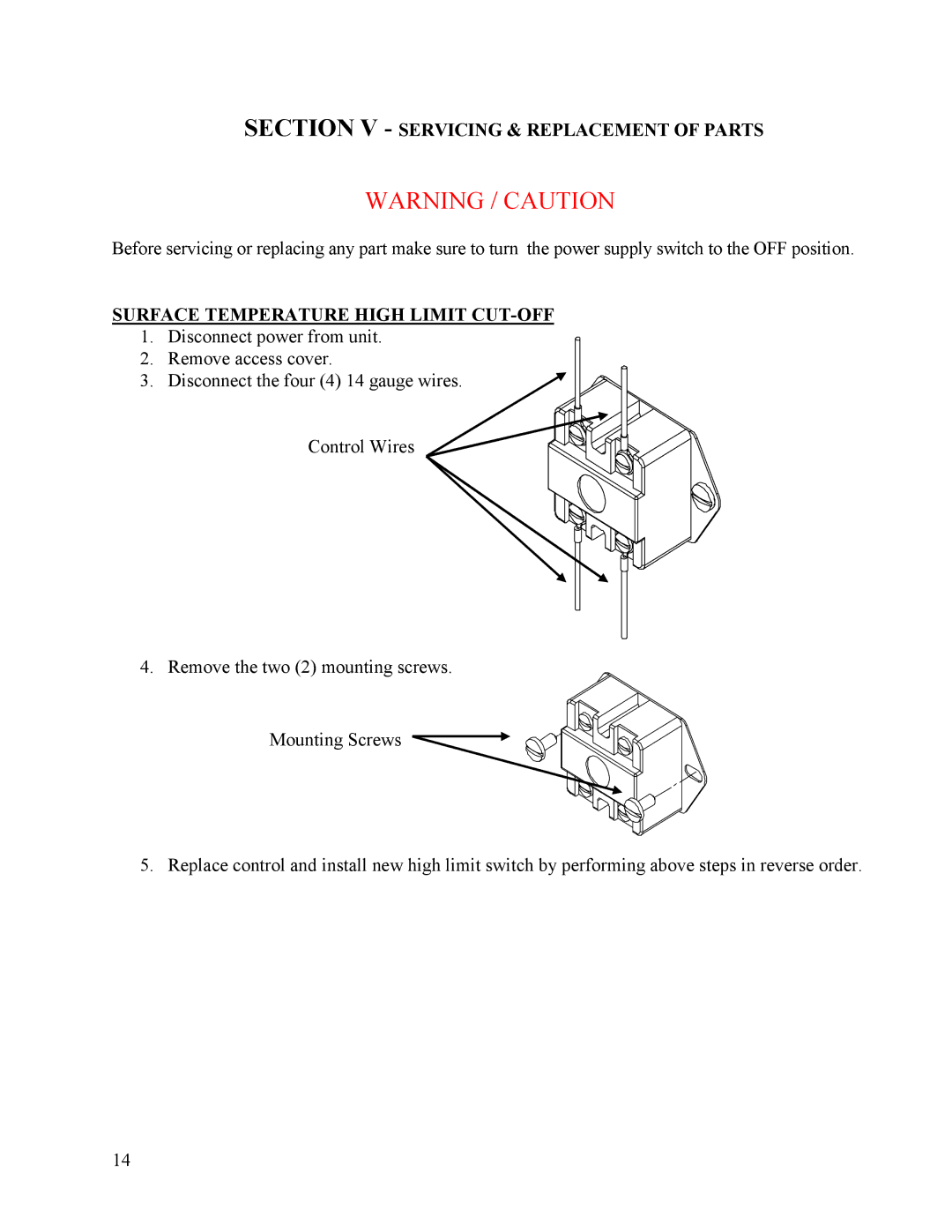 Hubbell Electric Heater Company HSE, HE Section V Servicing & Replacement of Parts, Surface Temperature High Limit CUT-OFF 