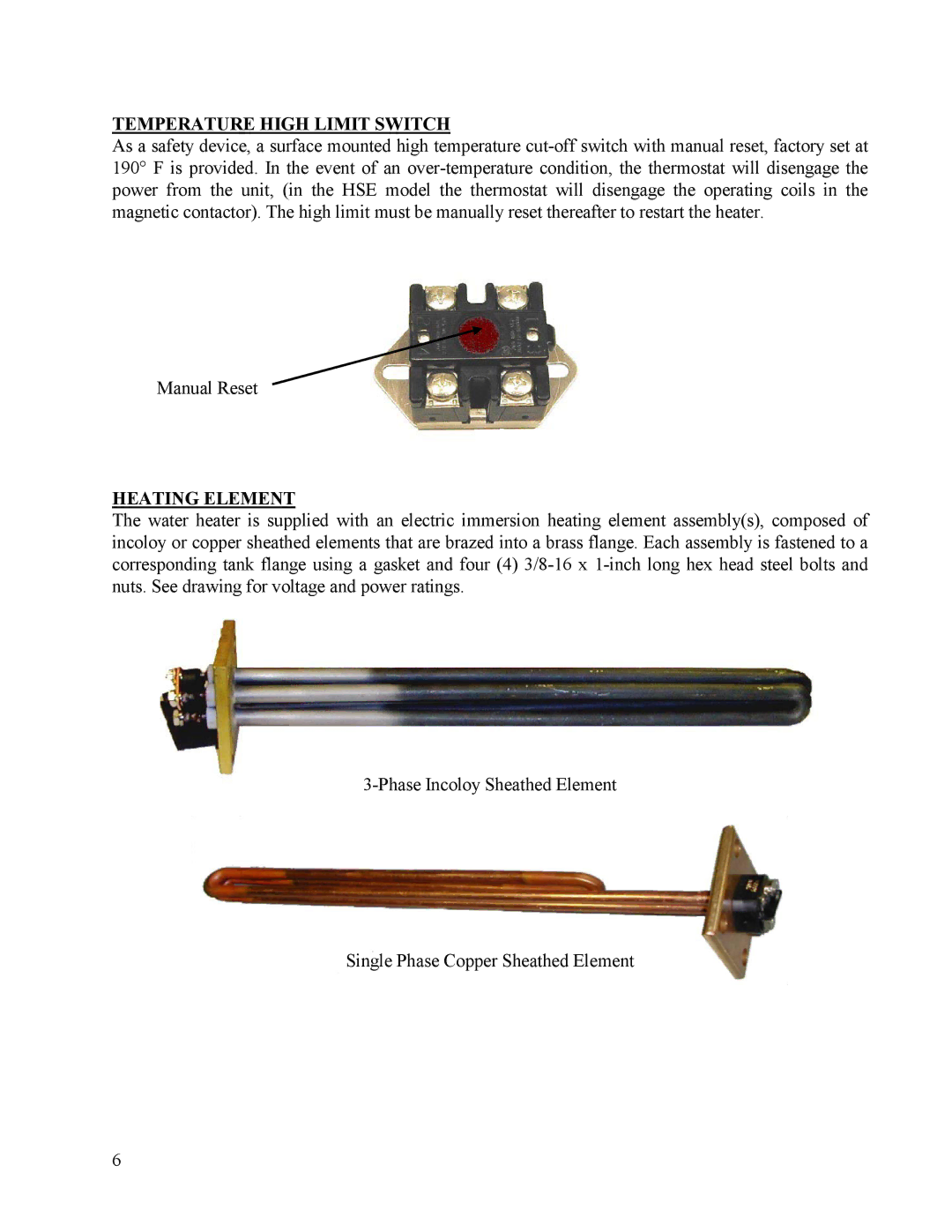 Hubbell Electric Heater Company HSE, HE manual Temperature High Limit Switch, Heating Element 