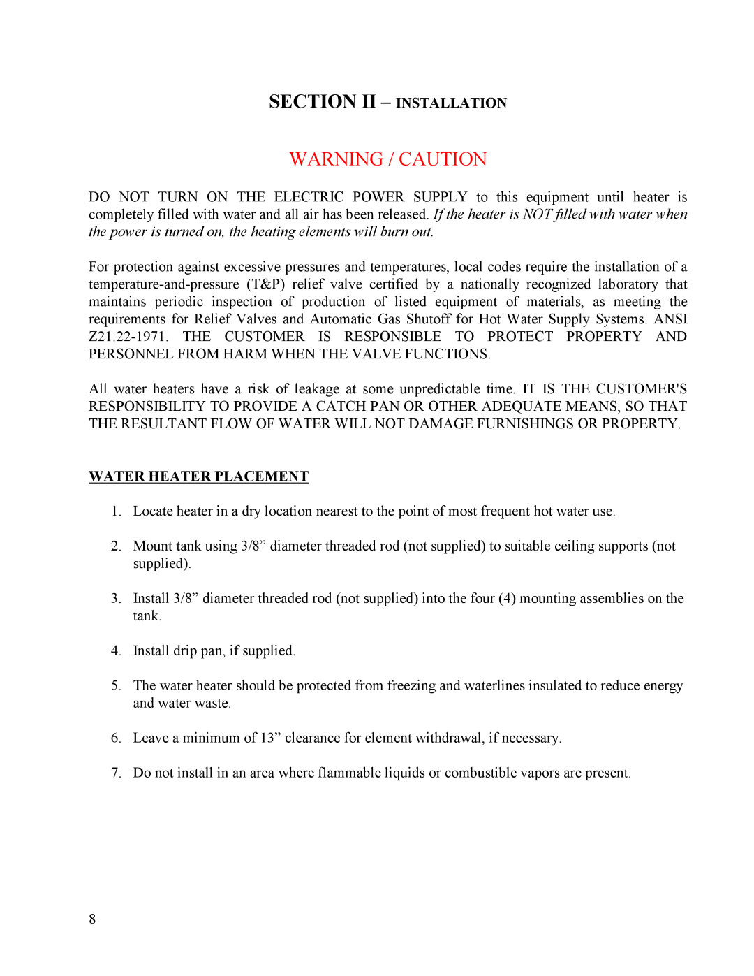 Hubbell Electric Heater Company HSE, HE manual Section II Installation, Water Heater Placement 