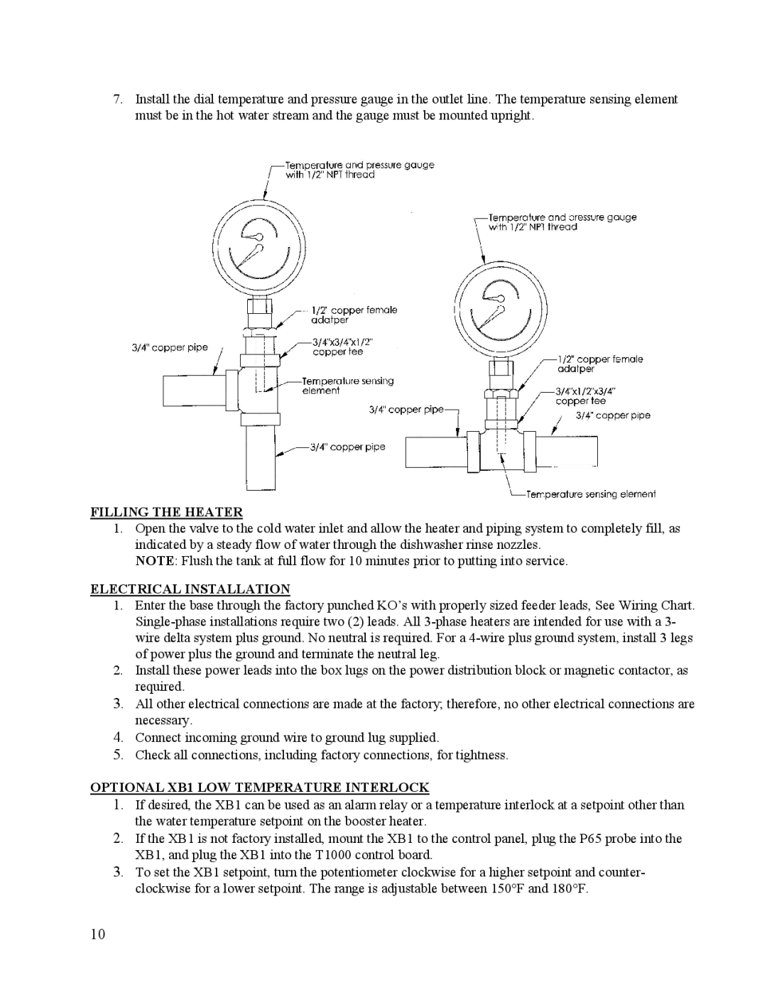 Hubbell Electric Heater Company J Filling the Heater, Electrical Installation, Optional XB1 LOW Temperature Interlock 