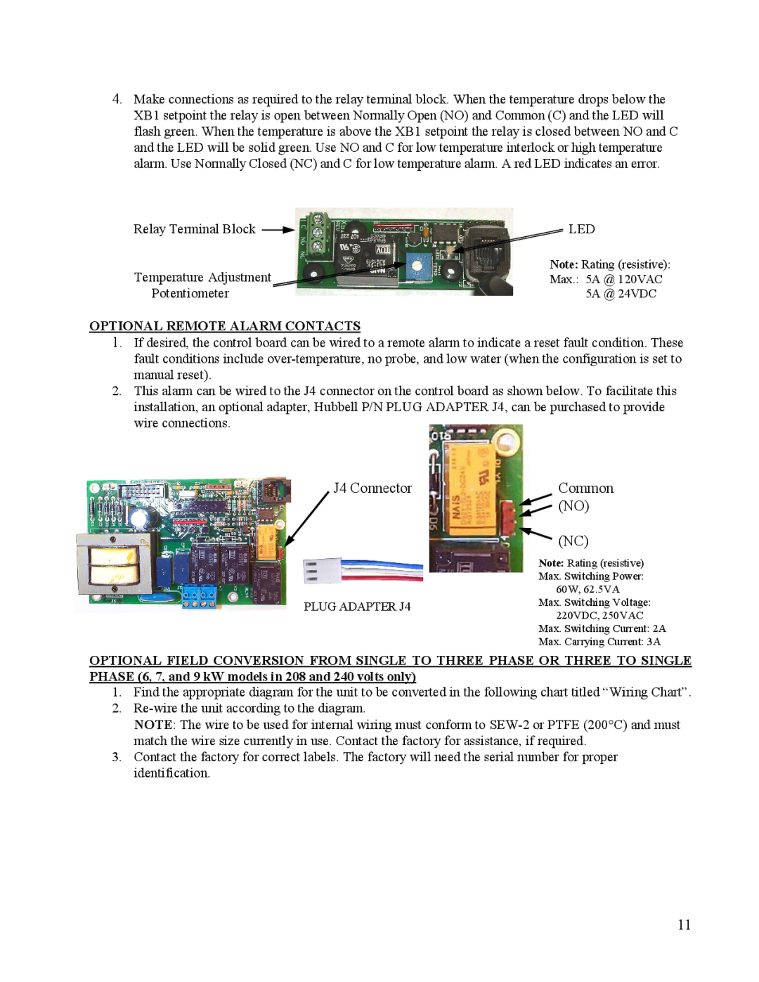 Hubbell Electric Heater Company J manual Common no, Optional Remote Alarm Contacts 