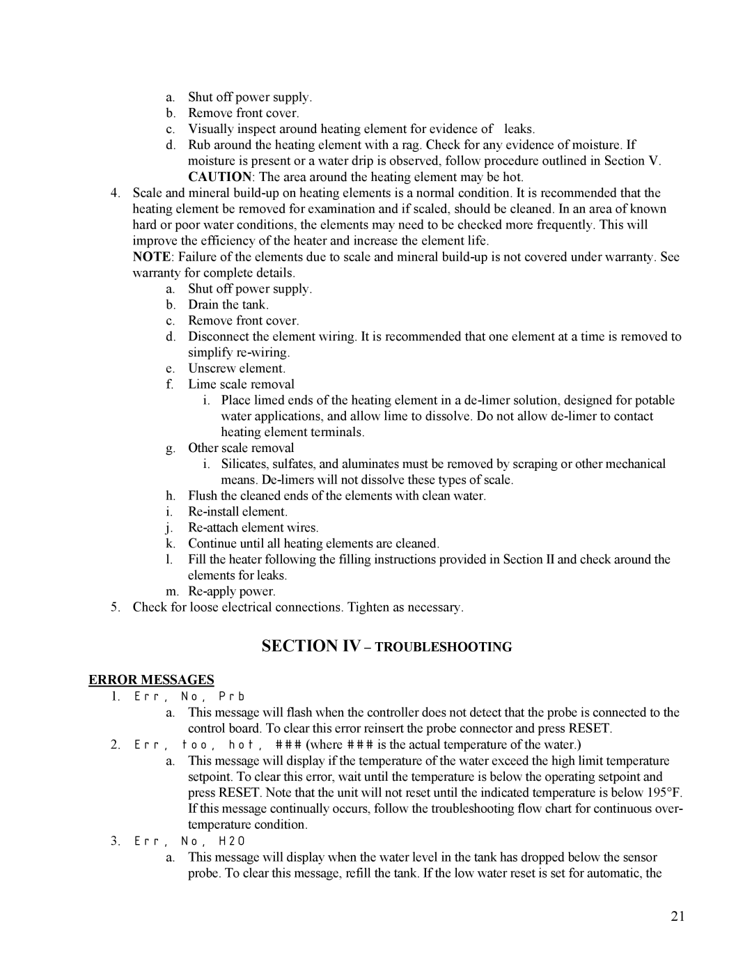 Hubbell Electric Heater Company J manual Section IV Troubleshooting Error Messages, Err, No, H2O 