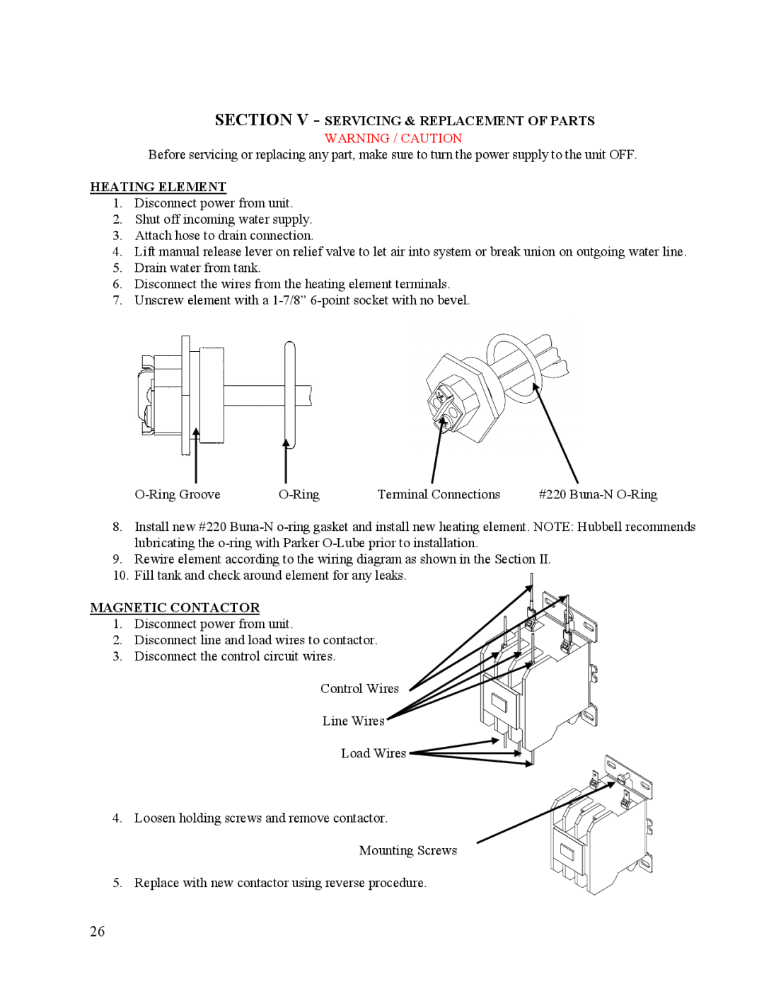 Hubbell Electric Heater Company J manual Section V Servicing & Replacement of Parts, Heating Element 