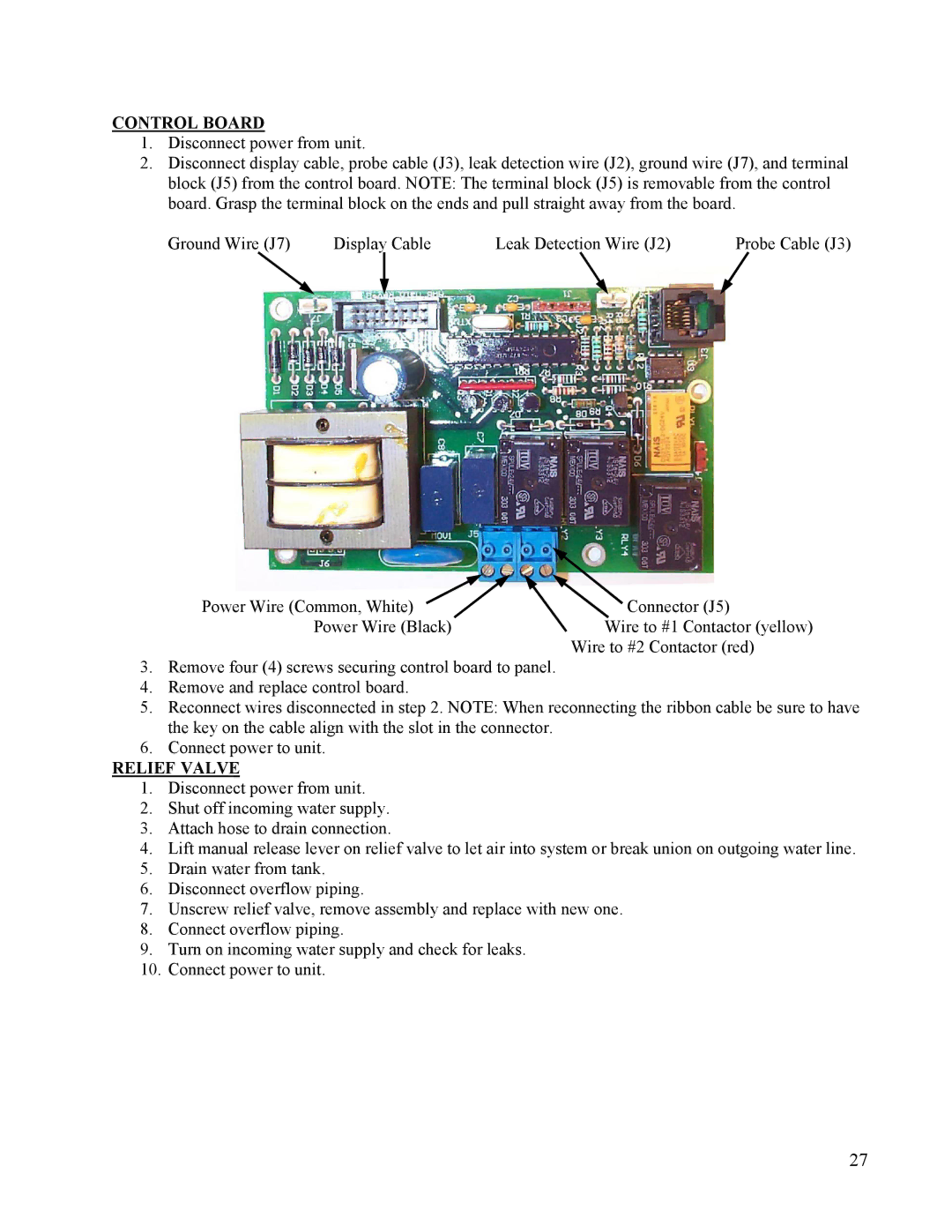 Hubbell Electric Heater Company J manual Control Board, Relief Valve 