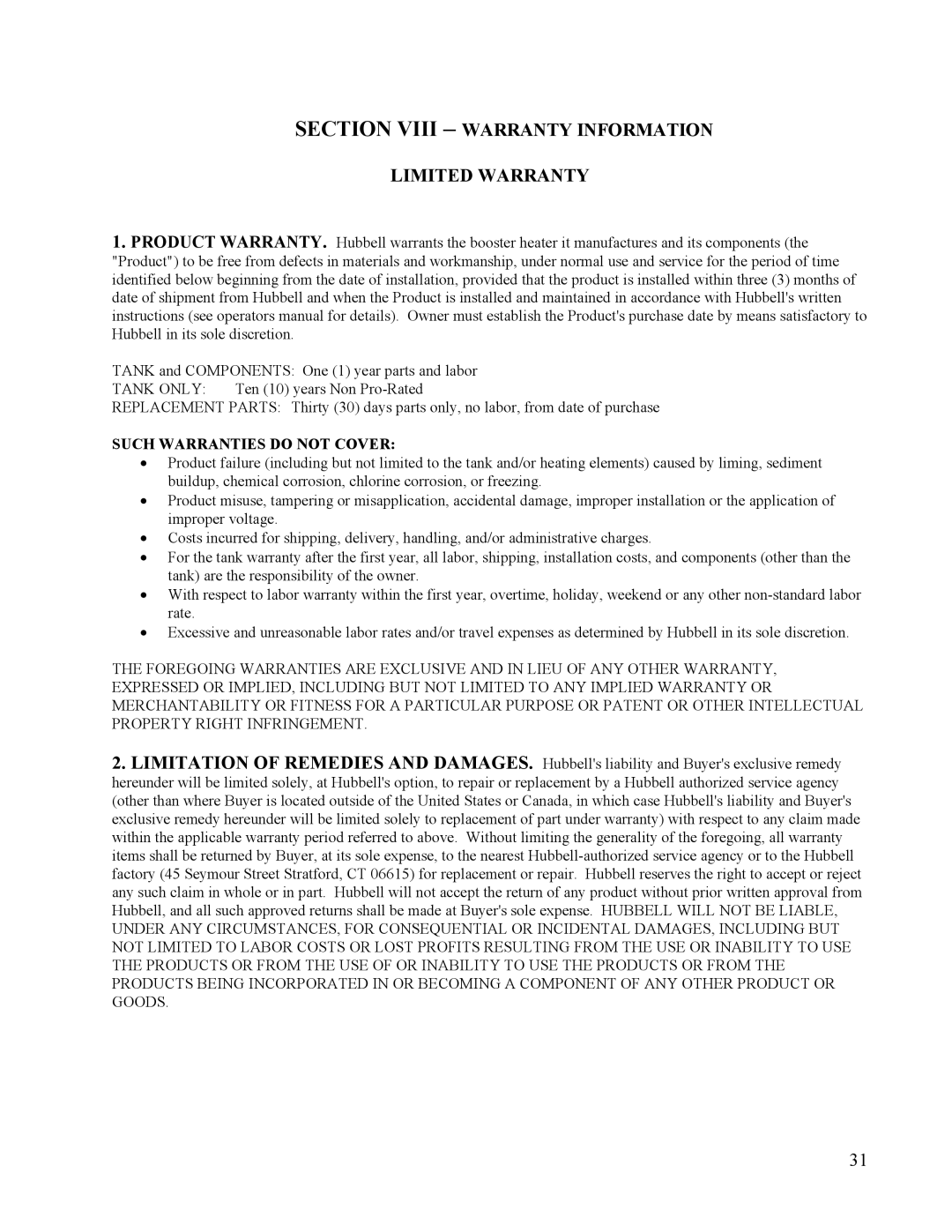 Hubbell Electric Heater Company J manual Section Viii Warranty Information Limited Warranty, Such Warranties do not Cover 