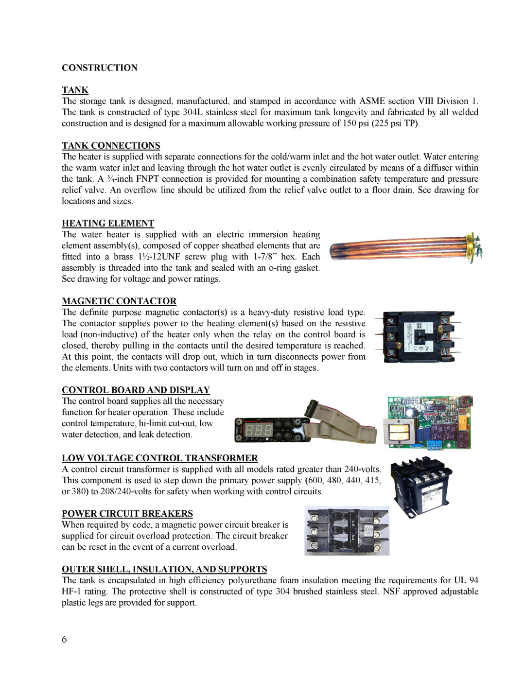 Hubbell Electric Heater Company J manual Construction Tank, Tank Connections, Heating Element, Magnetic Contactor 