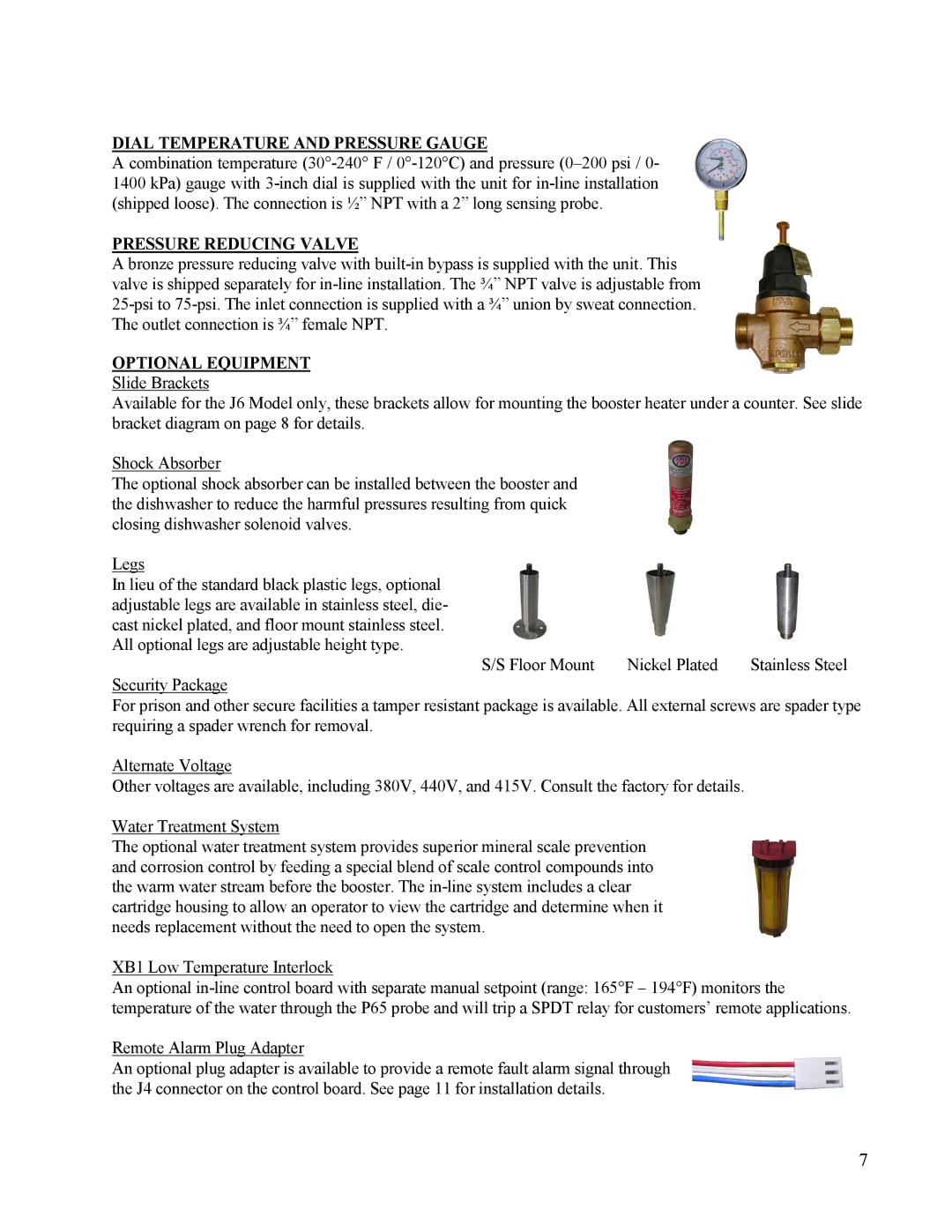 Hubbell Electric Heater Company J manual Dial Temperature and Pressure Gauge, Pressure Reducing Valve, Optional Equipment 