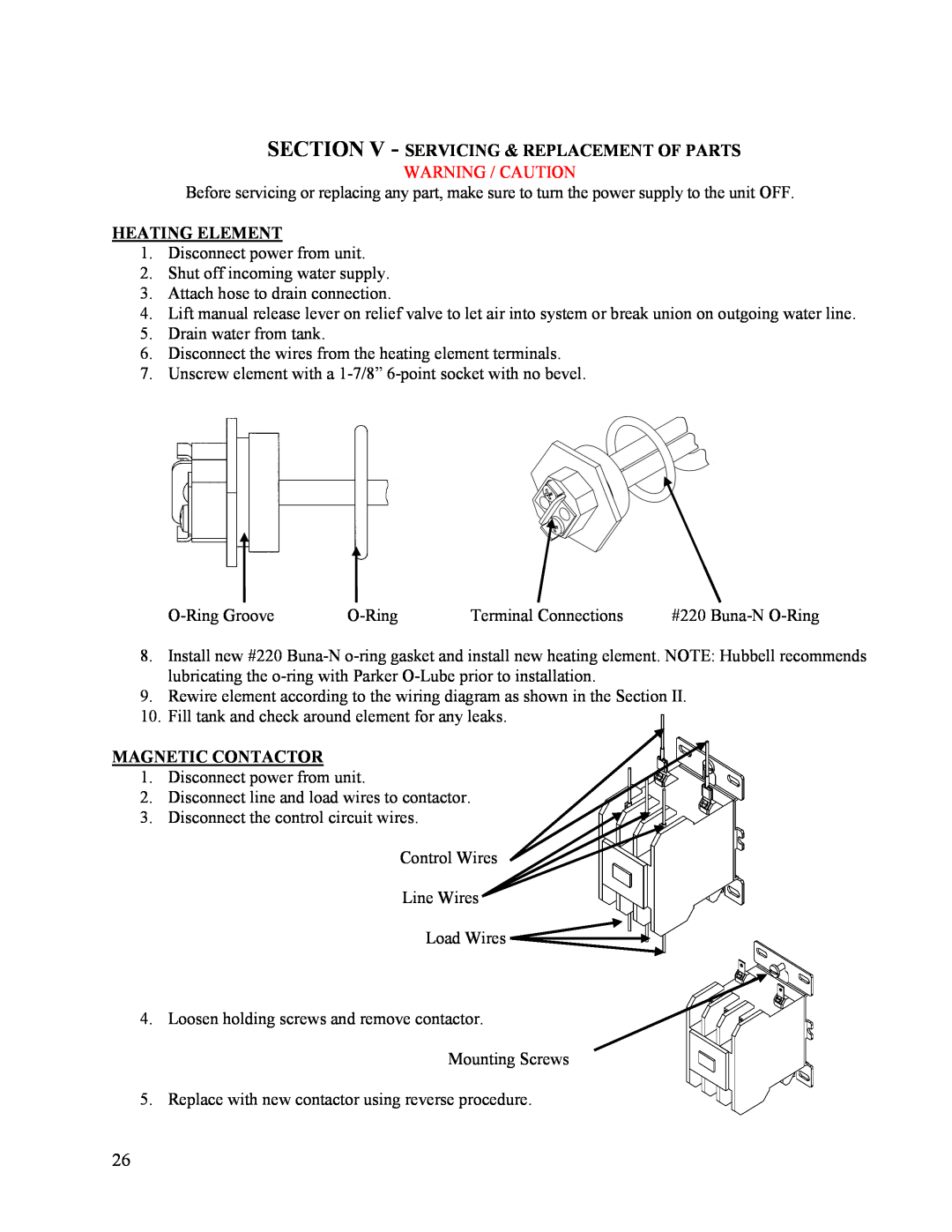 Hubbell Electric Heater Company J manual Section V - Servicing & Replacement Of Parts, Warning / Caution, Heating Element 