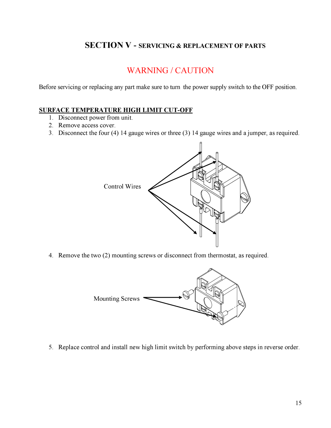 Hubbell Electric Heater Company ME Section V Servicing & Replacement of Parts, Surface Temperature High Limit CUT-OFF 