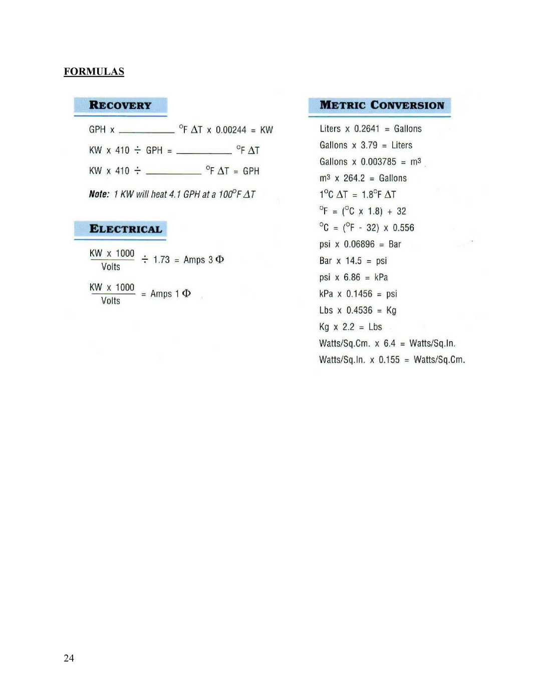 Hubbell Electric Heater Company ME manual Formulas 