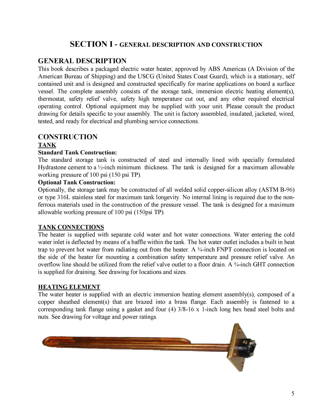 Hubbell Electric Heater Company ME Section I General Description and Construction, Tank Connections, Heating Element 