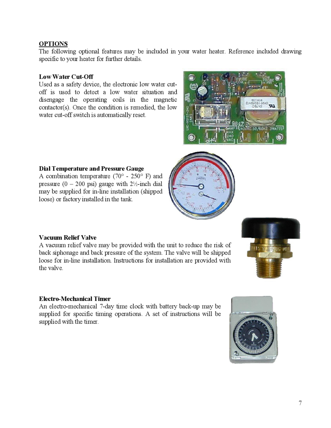 Hubbell Electric Heater Company ME manual Options, Low Water Cut-Off 