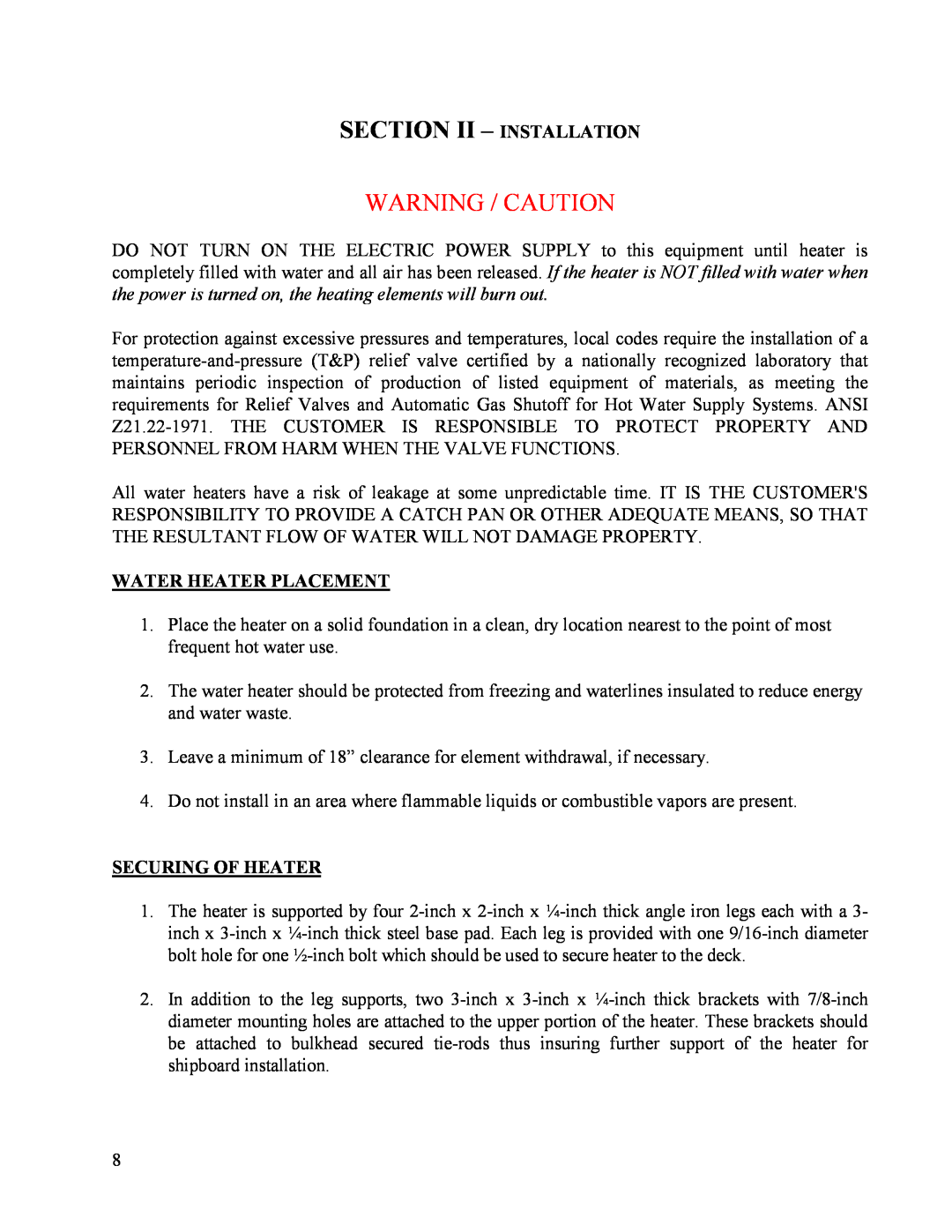 Hubbell Electric Heater Company ME manual Warning / Caution, Water Heater Placement, Securing Of Heater 