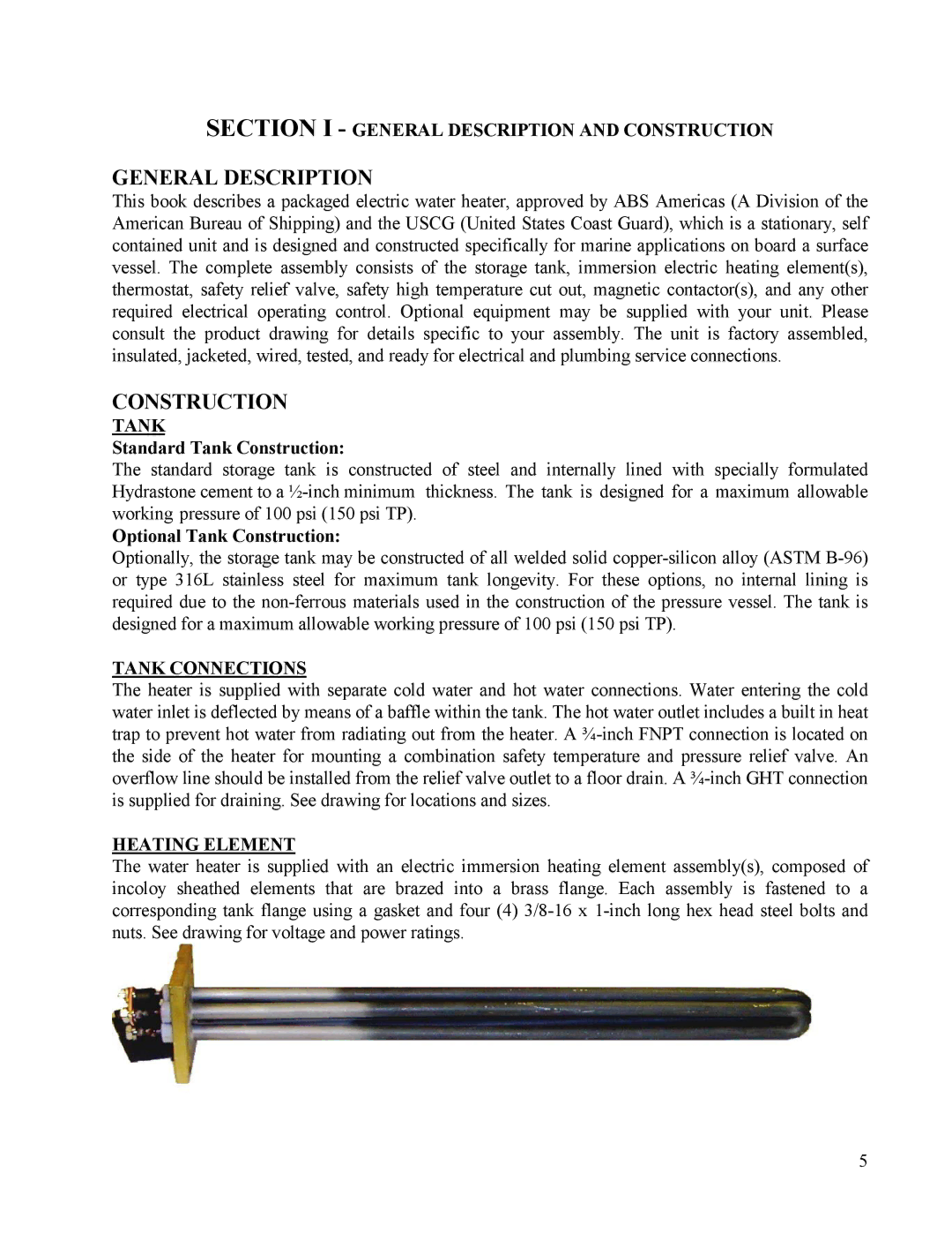 Hubbell Electric Heater Company MSE Section I General Description and Construction, Tank Connections, Heating Element 