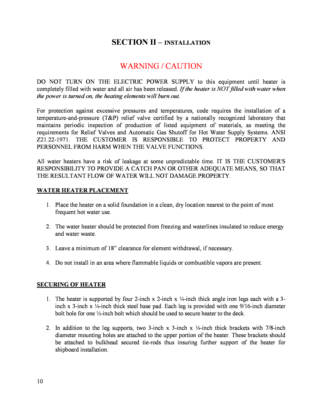 Hubbell Electric Heater Company MSE manual Warning / Caution, Water Heater Placement, Securing Of Heater 