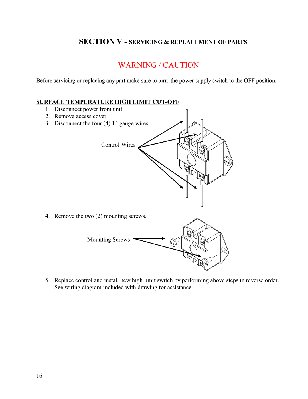 Hubbell Electric Heater Company SE Section V Servicing & Replacement of Parts, Surface Temperature High Limit CUT-OFF 